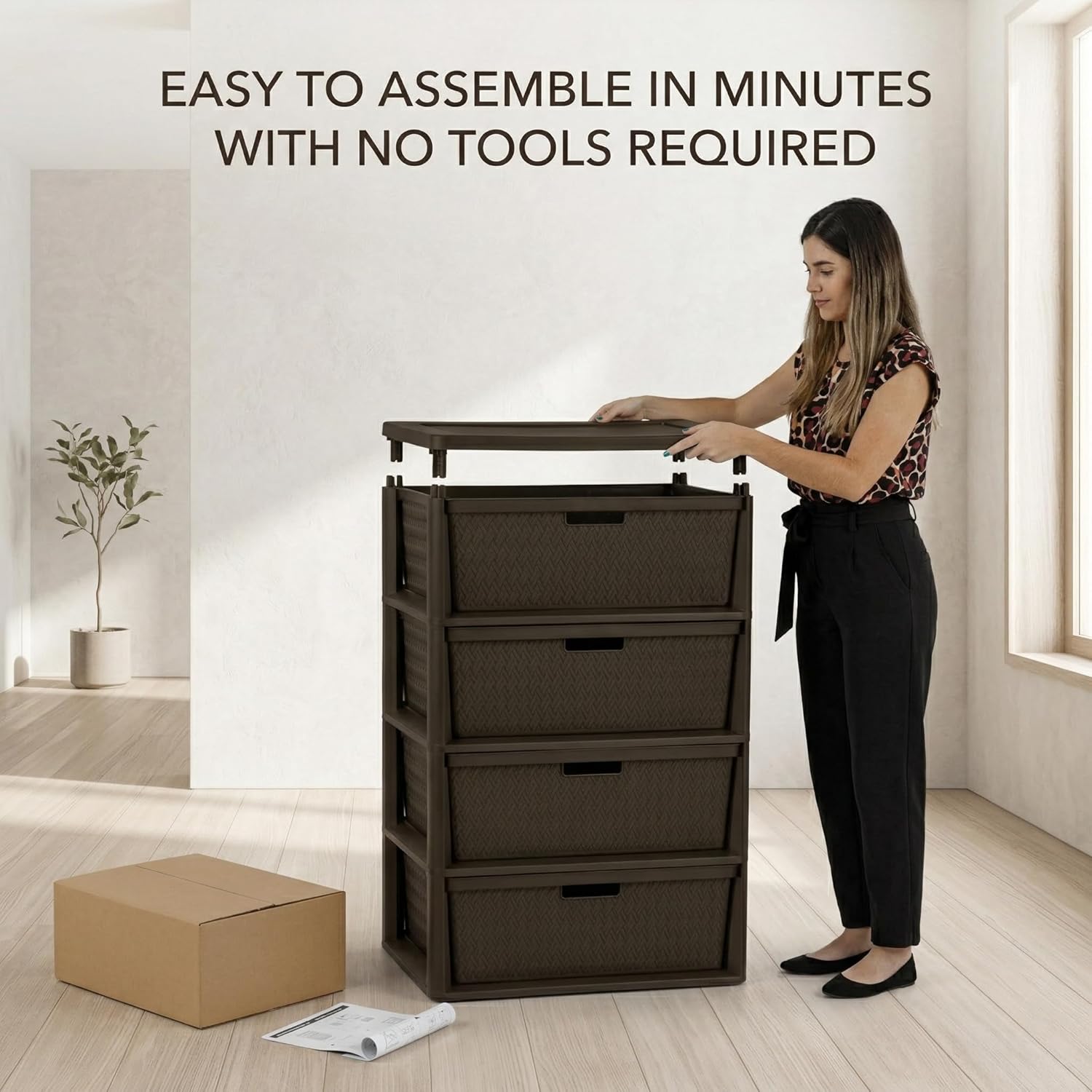 Wide 4-Drawer Plastic Storage Tower, Decorative Cross-Weave Dresser Organizer Enhance Your Space with Woven Elegance, Brown