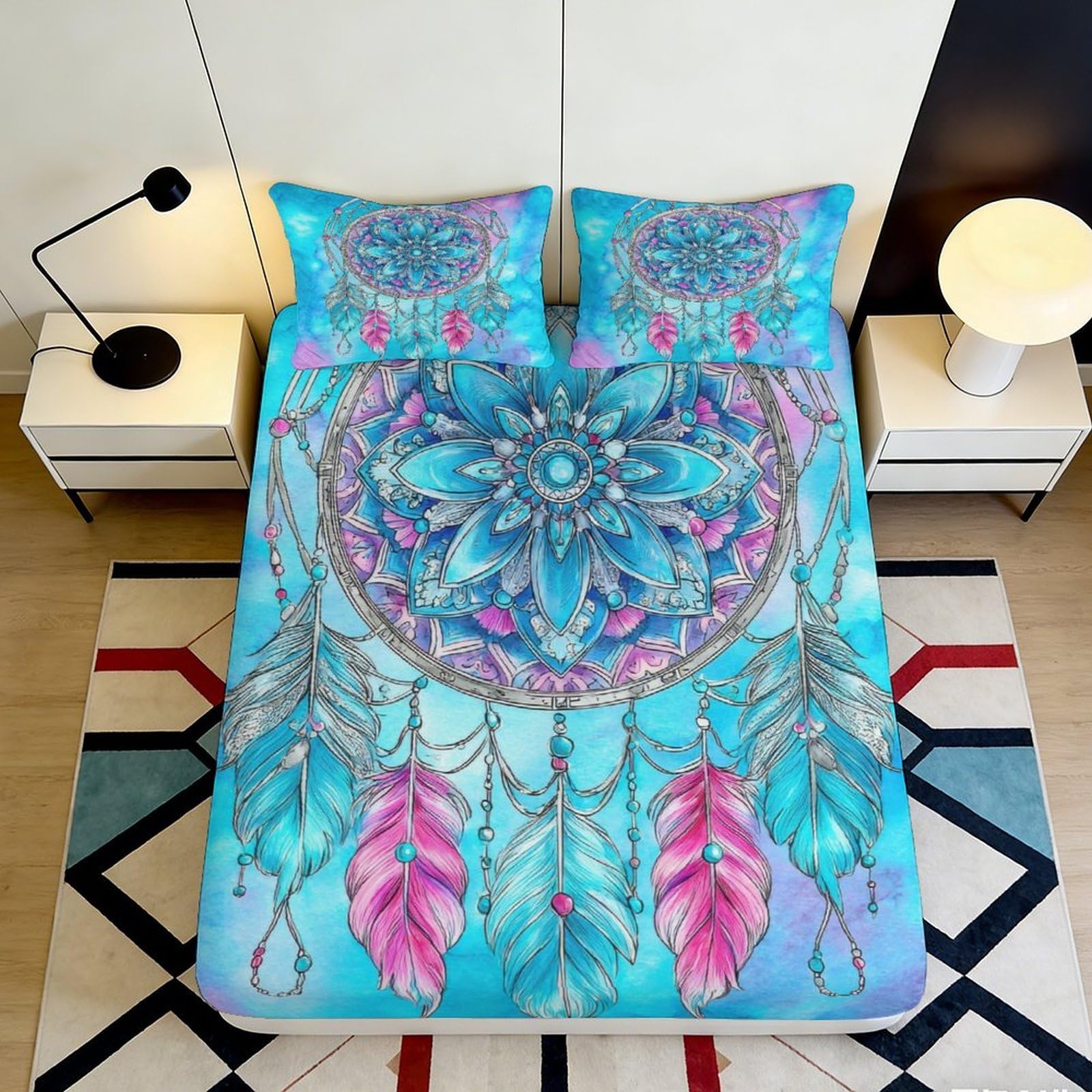 3D Printed Dreamcatcher Fitted Sheet Microfiber Soft Turquoise Purple Feather Bed Sheet for Bedroom Dorm Decor 90x200x25cm