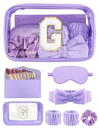 Miniatura 39 de Gift Sets for Women, Initial Makeup Bag with Makeup Brush Set Bachelorette Party Favors, Purple Spa Kit with Skincare Headbands Wrist Bands Rosado