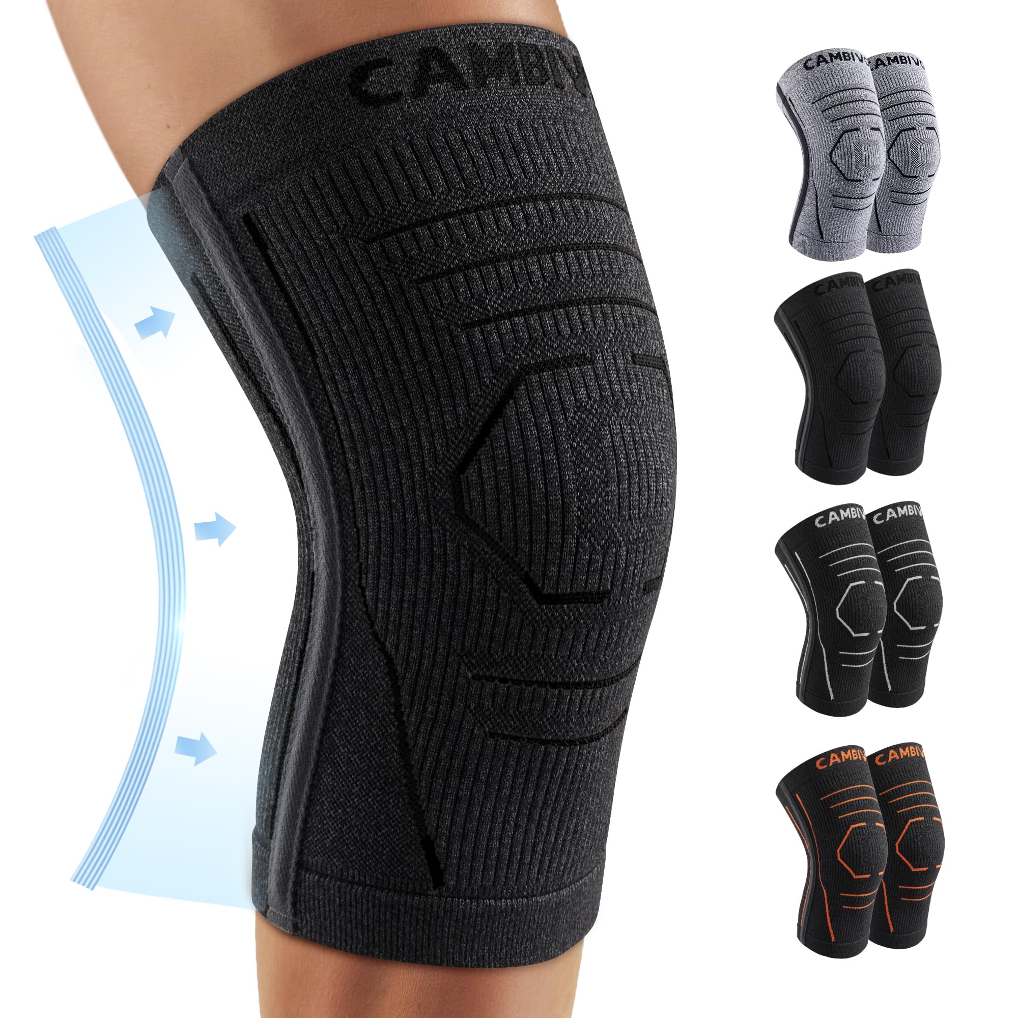 CAMBIVO Kniebandage Männer Damen 2 Stück, Komprimierte Bandage Knie, Knee Support mit Seitenstabilisatoren zur Linderung von Knieschmerzen, Arthrose Knie, Meniskus und Kraftsport