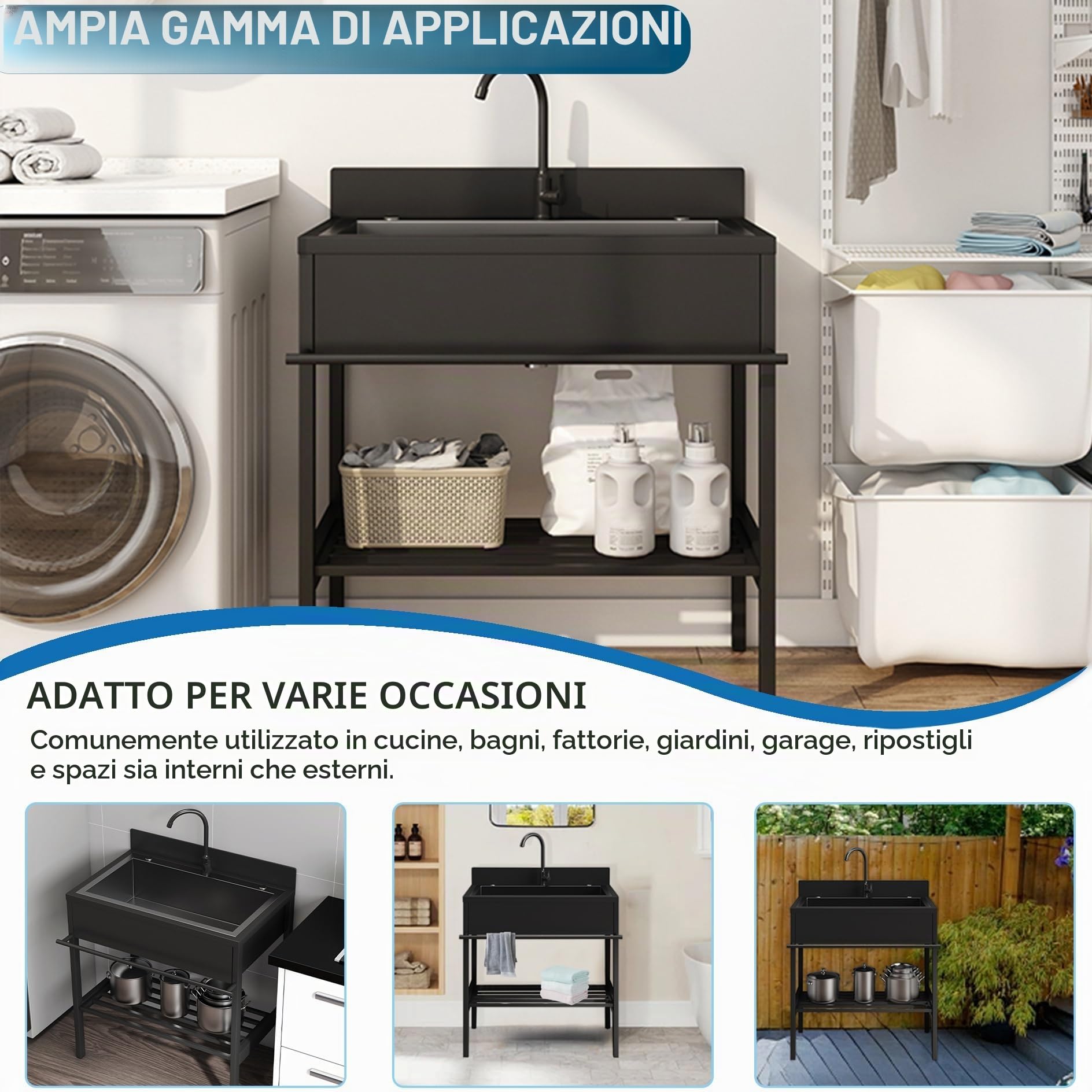 Lavandino da Esterno in Acciaio Inox,Lavello da Cucina Portatile con Mobile,Lavabo Nero da Giardino 1 vasche Autoportante,con Rubinetti Freddi e Caldi,per Lavanderia,Ristorante,Commerciale(66x51x94cm)