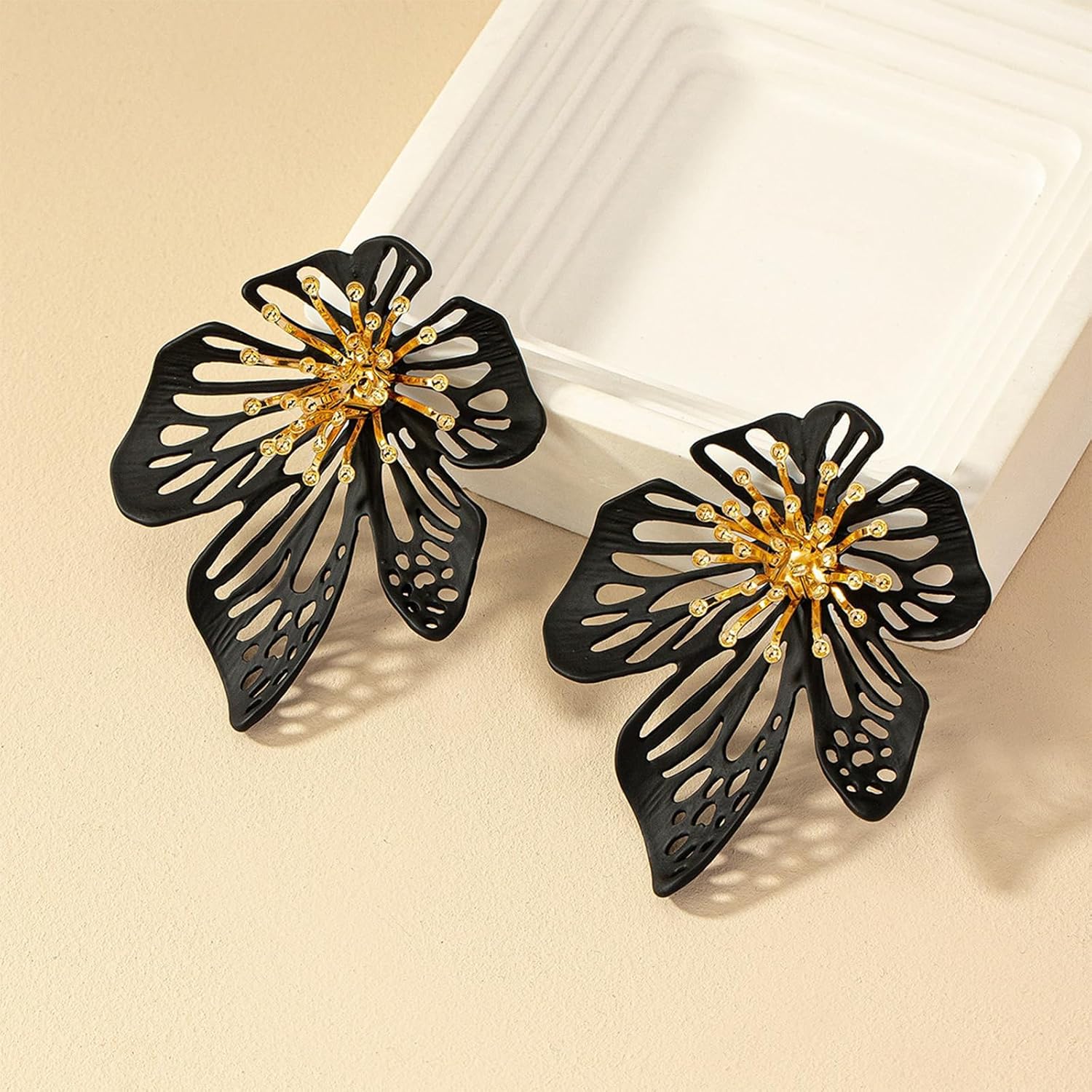 Large Black Flower Earrings for Women Silver Needle Bendable Big Gold Statement Earrings Gothic Punk Exaggerated Accessories Jewelry Gifts ROSASUENO