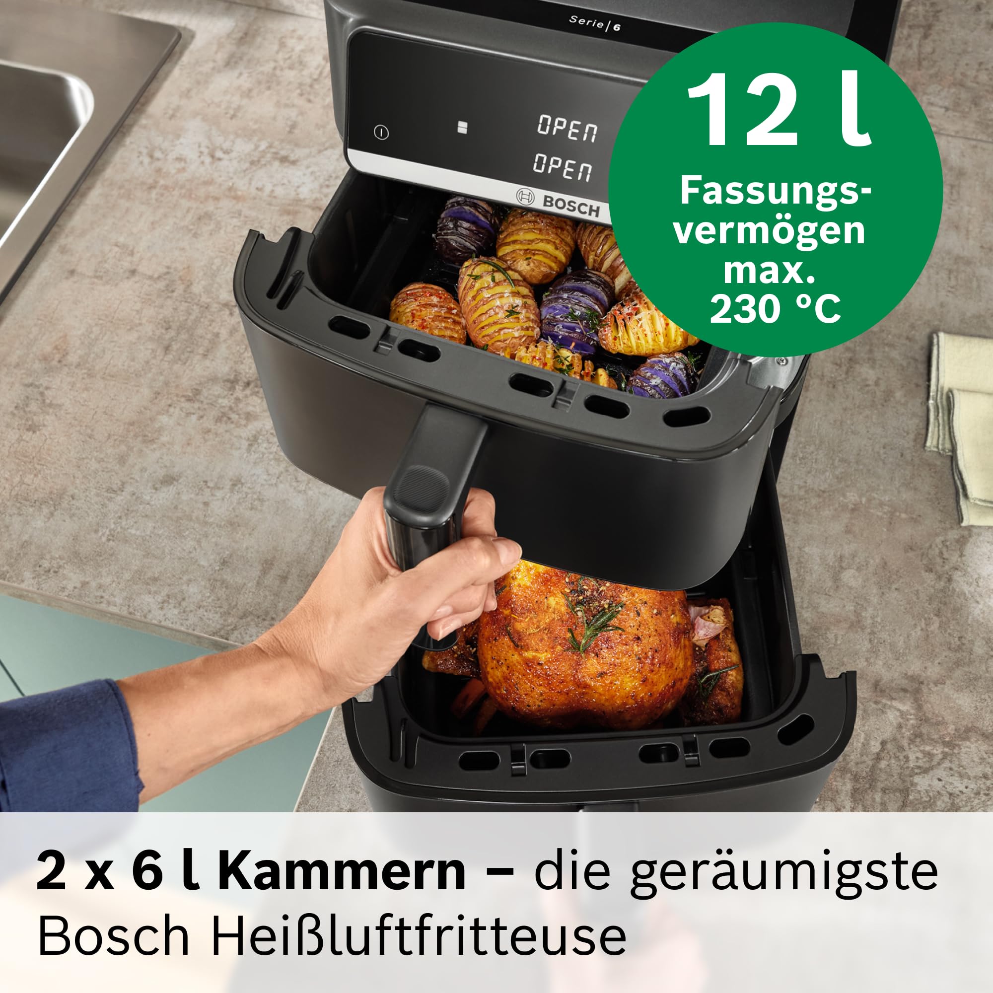 Bosch Serie 6 XXL Heißluftfritteuse, 12 L Doppelkammer, platzsparend, 6 Programme, PFAS frei, schwarz, AirFryer Serie 6, MAFD661B0