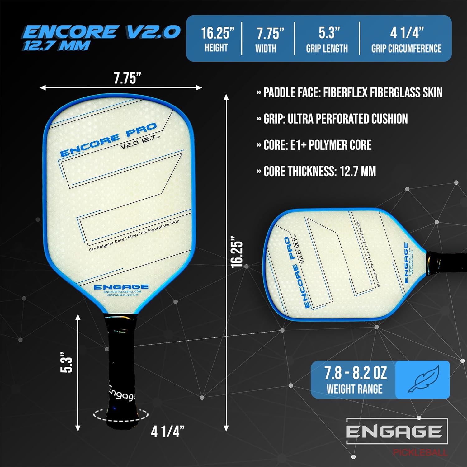 Engage Encore Pro V2.0 Pickleball Paddle – FiberFlex Fiberglass Face for Power & Spin, Available in Two Core Options (12.7mm for Power, 15.2mm for Control), Versatile Hybrid Shape