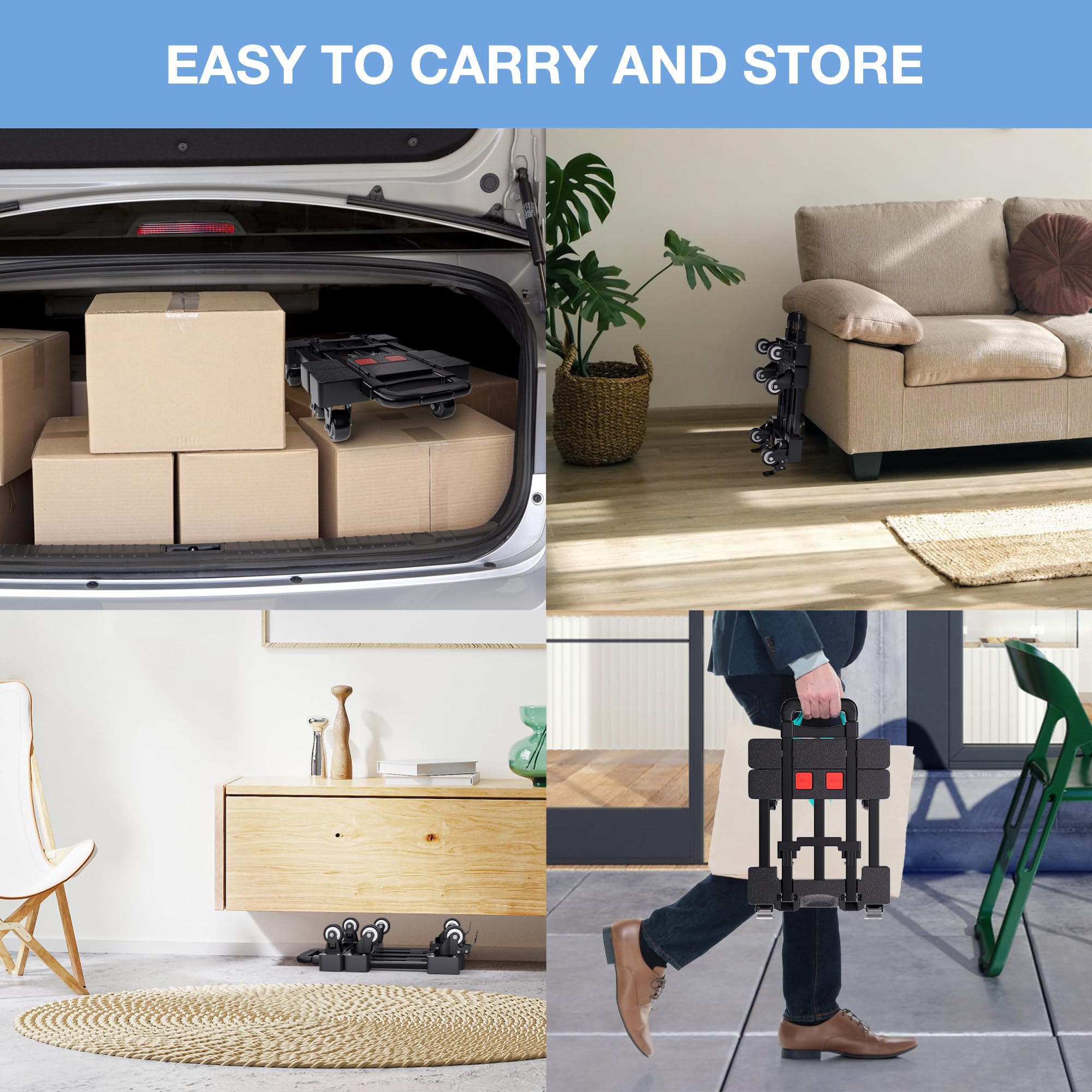 Carro de mano plegable, carrito de equipaje resistente de 500 libras, carrito de plataforma portátil con mango retráctil y 6 ruedas y 2 cuerdas elásticas para equipaje, mudanza, viajes, compras, uso