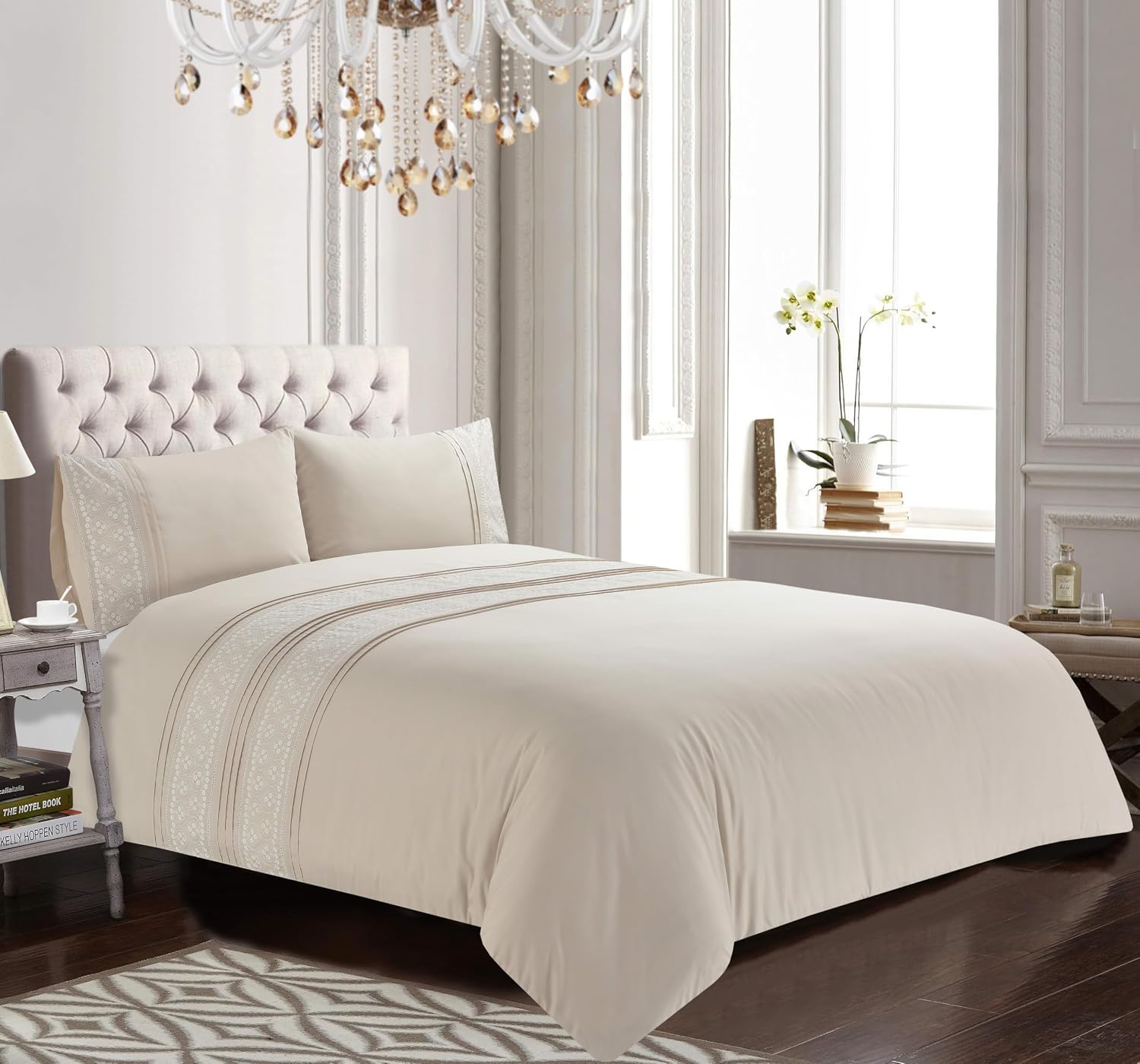 Rapport home Charlotte Embroidered Duvet Cover Set   Elegant King Size Bedding with Delicate Floral Stitching, Luxury Easy Care Quilt Cover & Pillowcases   Soft Beige