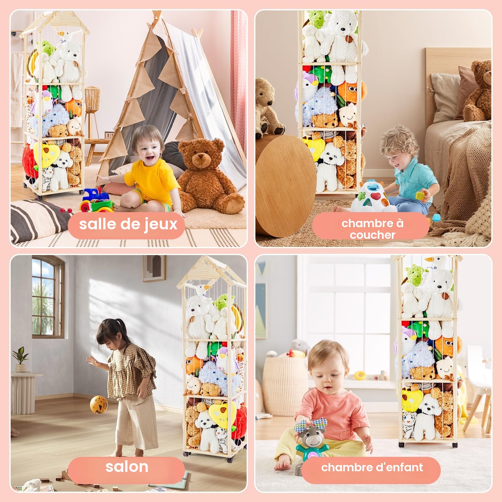 Rangement Peluche de Enfant, Range Peluche en Bois Roues équipées d'un Frein à 360°, 150 * 40 * 40cm Meuble Rangement Jouet Enfant pour Chambre d'enfant, Salle de Jeux, Salon, etc.