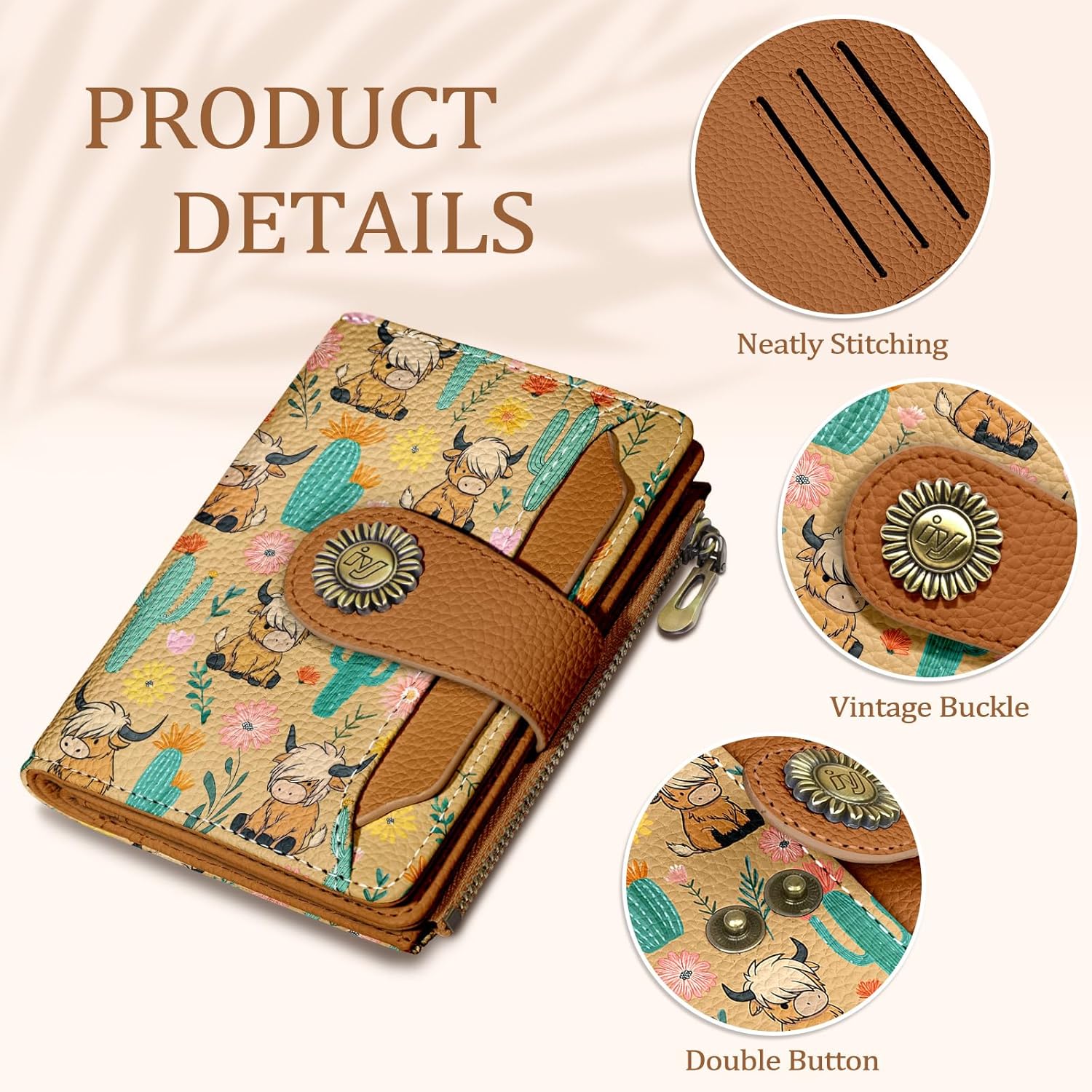 Highland Cow Small Wallet Women RFID Blocking Bifold, Cute Credit Card Holder, Zipper Coin Pocket, PU Leather, Compact, Travel, 4 ID Window, 14 Card Slots, Western, Cash Purse, Ladies Woman - Image 5