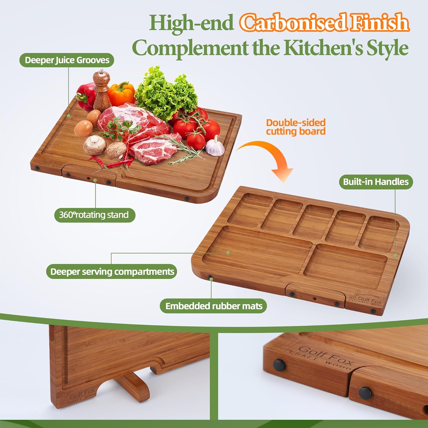 4-PCS Bamboo Cutting Board Set with Innovative Stand - Durable Double Sided Chopping Board with Juice Groove & Handle for Meal Prep, Meat, Fruit, Charcuterie Serving, Eco-Friendly Healthy Kitchen Gift