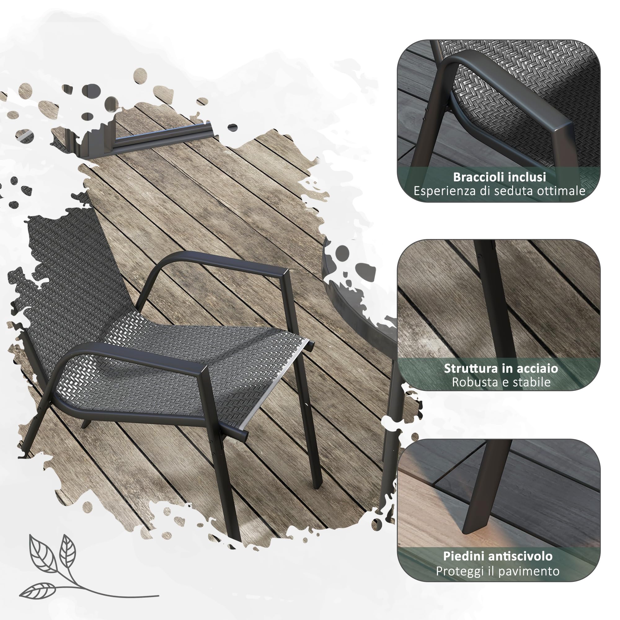 Outsunny Set 4 Sedie da Giardino Impilabili in Rattan PE e Acciaio Grigio | Sedie da Pranzo per Esterni con Braccioli