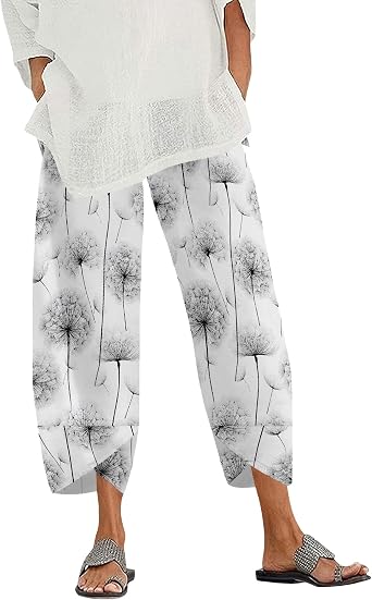 Womens Casual Cute Plant Graphic Pants Wide Leg Capri Pants Elastic High Waist Plus Size Summer Beach Trousers