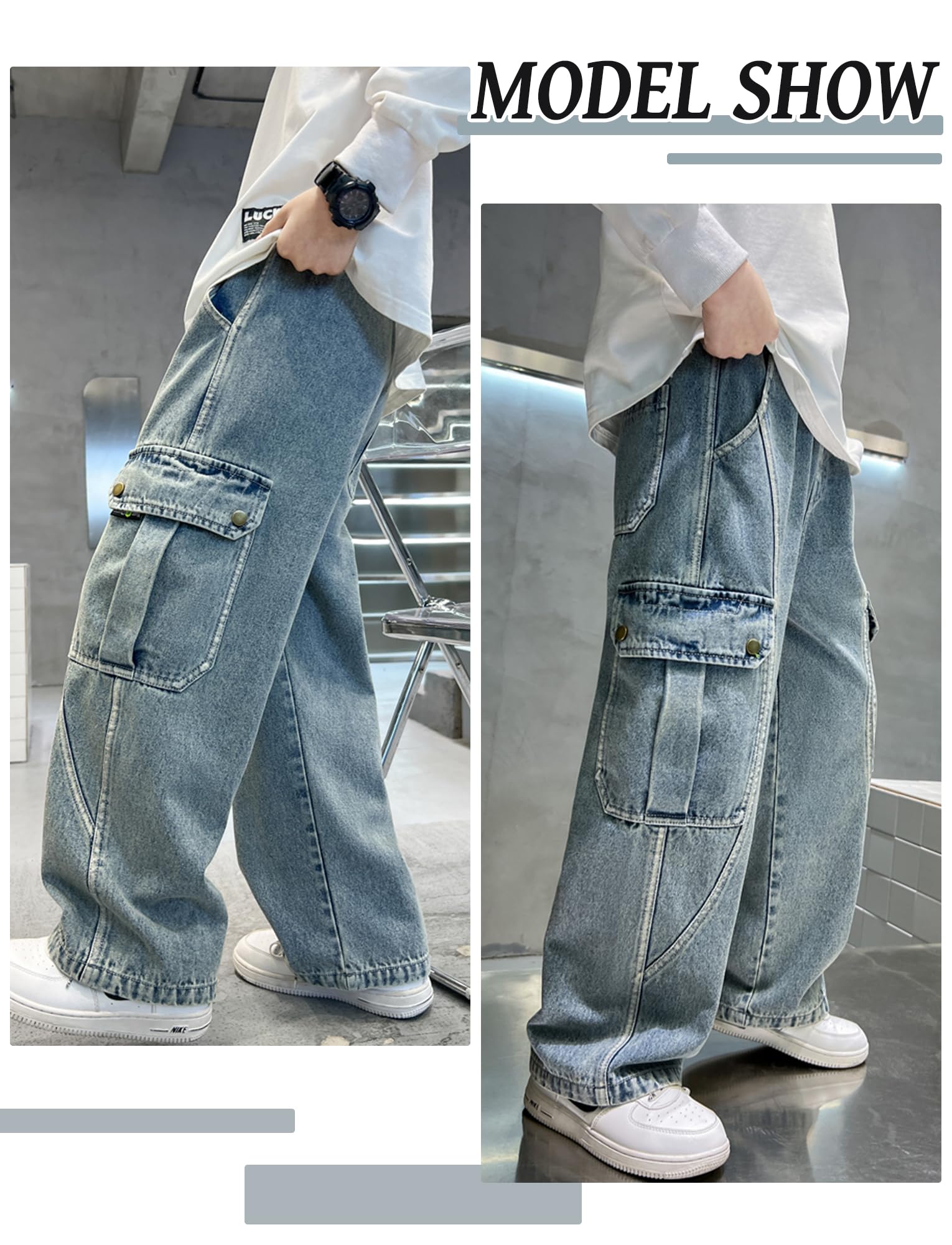 Jeans per bambini, con gamba larga, pantaloni in denim y2k, pantaloni cargo con tasche, pantaloni da lavoro