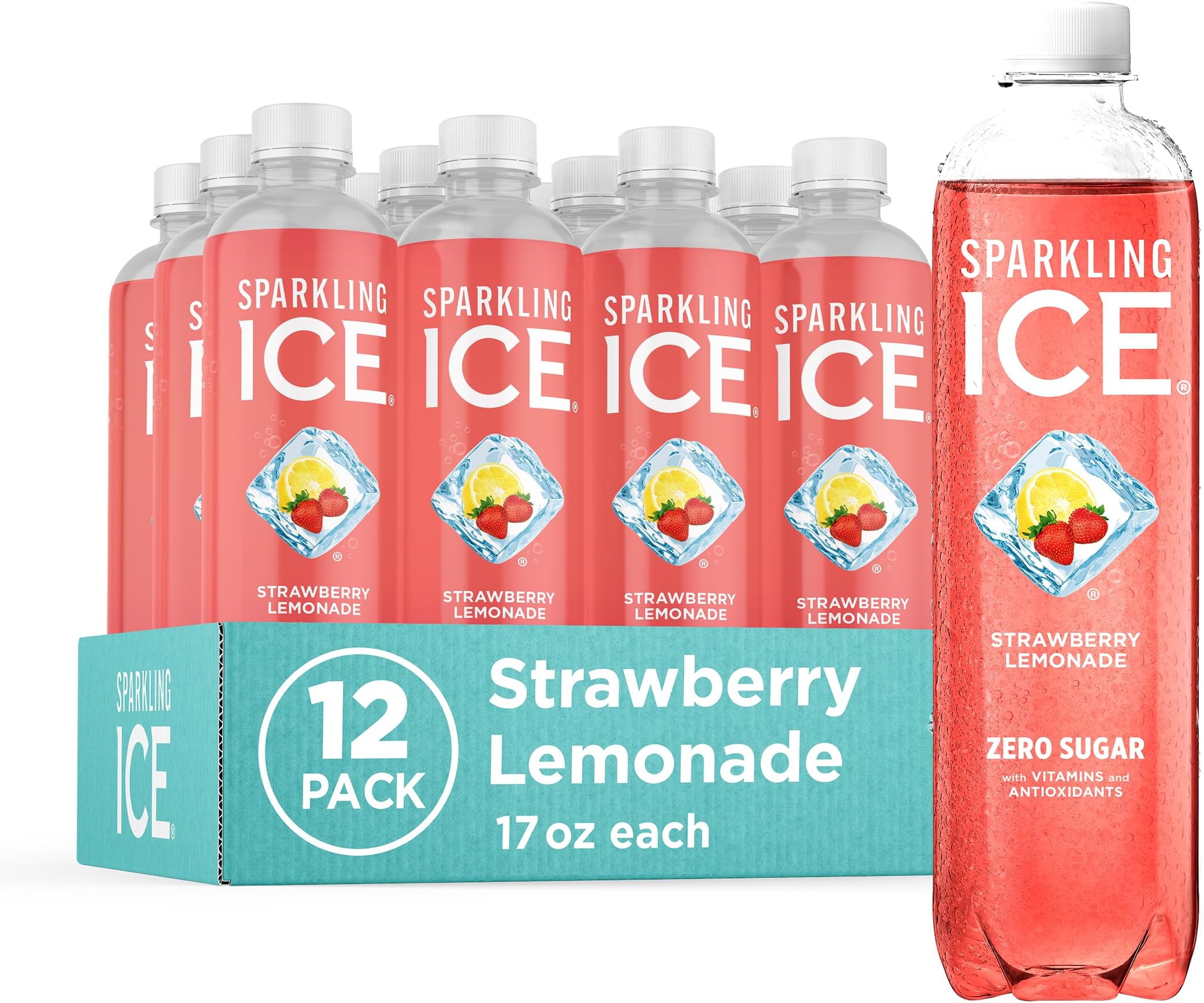 Sparkling Ice, Strawberry Lemonade Sparkling Water, Zero Sugar Flavored Water, with Vitamins and Antioxidants, Low Calorie Beverage, 17 fl oz Bottles (Pack of 12)