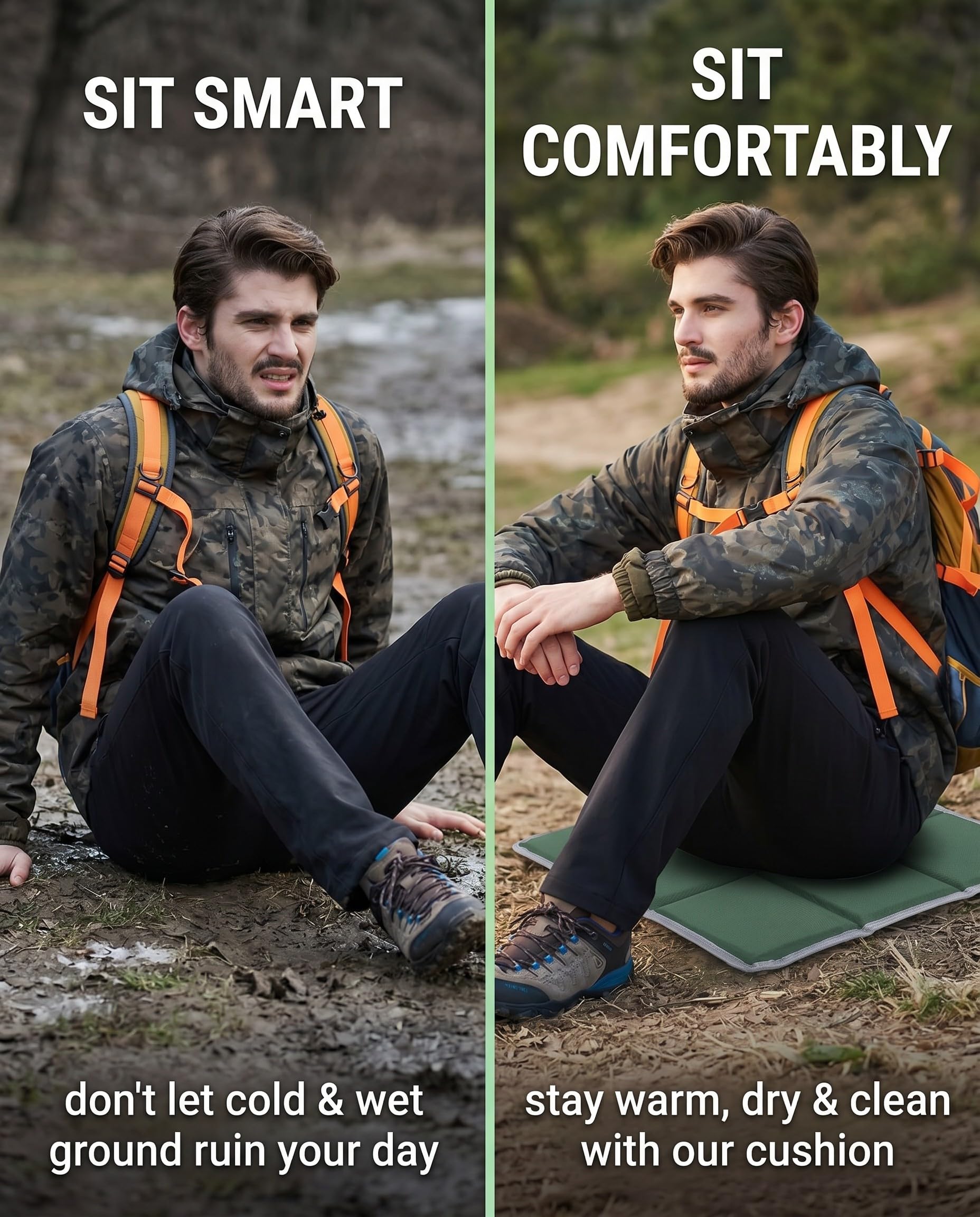 2 Pezzi Cuscino Seduta Outdoor, 600D Oxford Impermeabile Pieghevole, Verde Militare, Nero, Isolante Termico per Campeggio, Escursioni, Stadio, Picnic