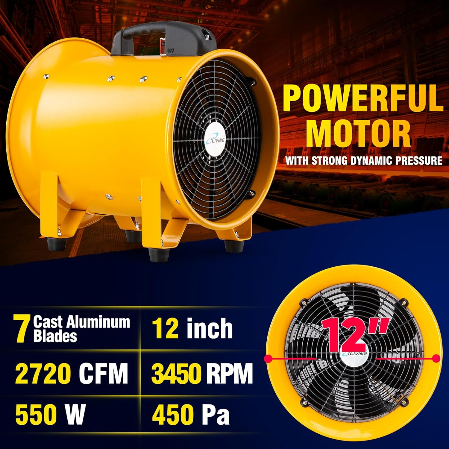 iLiving Utility High Velocity Blower, Fume Extractor, Portable Exhaust and Ventilator Fan (Utility 12")