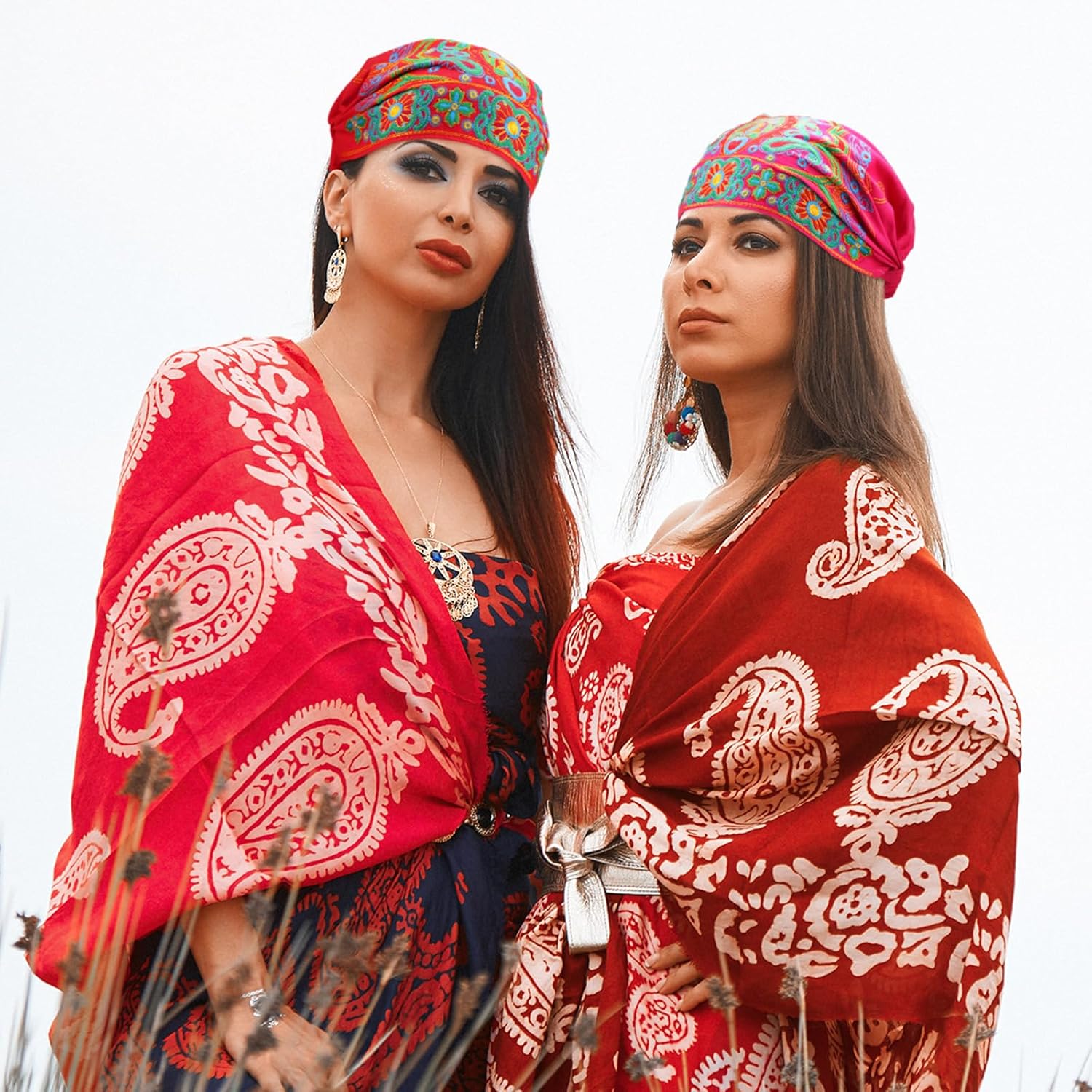 4 Pcs Women Ethnic Style Head Wrap Beanie Caps Vintage Embroidery Flowers Bandanas for Women, Red Black Blue Pink - Image 5