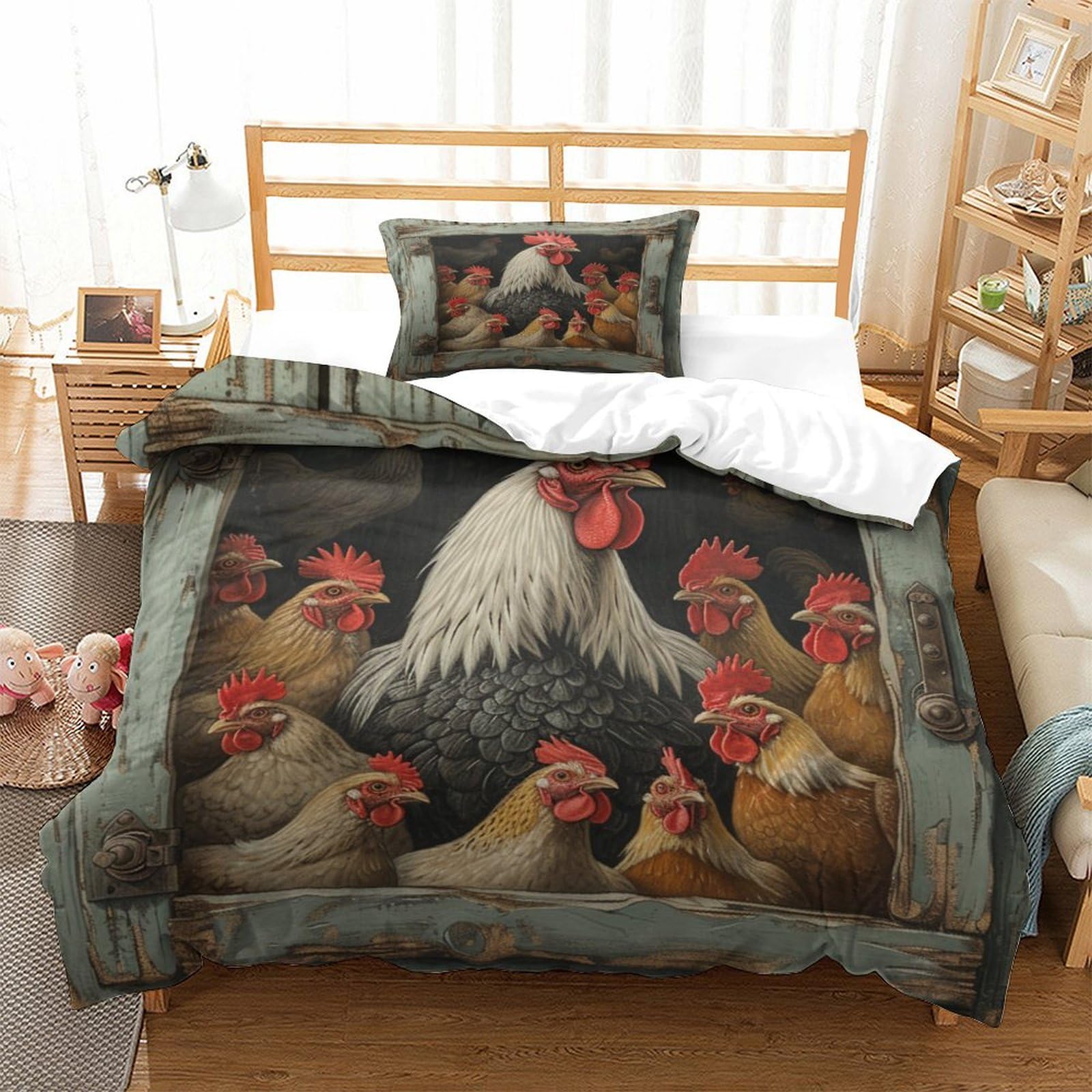 P1S9U7W5Y Rustic Rooster Hen 3D Printed Microfiber 3 Piece Duvet Cover Set Bedroom Decor Farm Animal Bedding Set for Adults Teens Soft Gift Single（135x200cm）