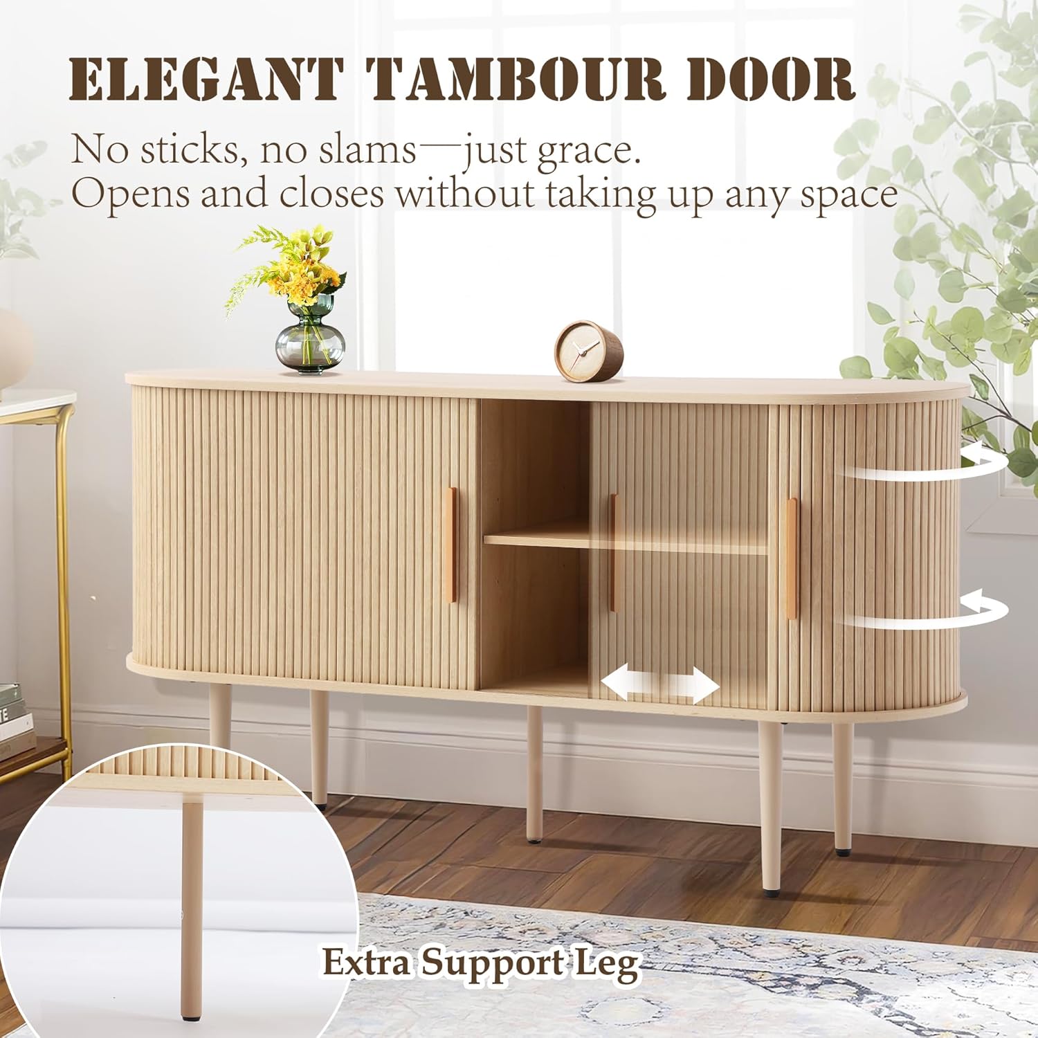 Fluted Buffet Cabinet, 55" Sideboard Tambour Buffer Cabient wtih Storage, Sliding Door, Mid Century Modern Console Table with Adjustable Shelf, Modern Accent Cabinet for Kitchen (Natural)