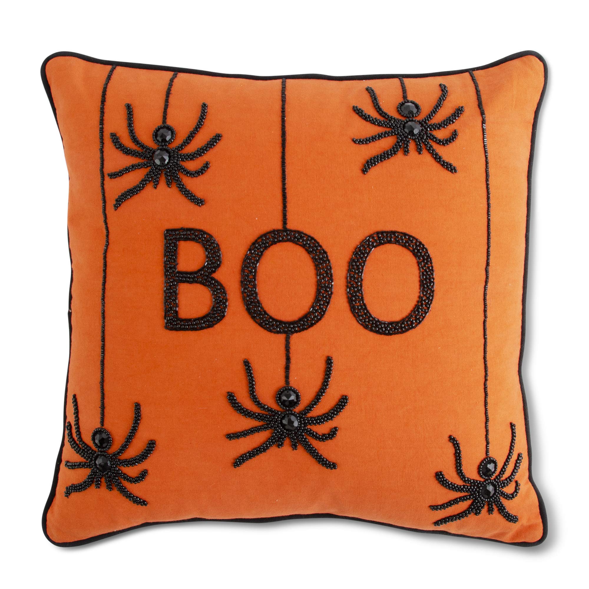 K&K Interiors 42034A 18 Inch Orange Square Beaded Boo Pillow with Spiders