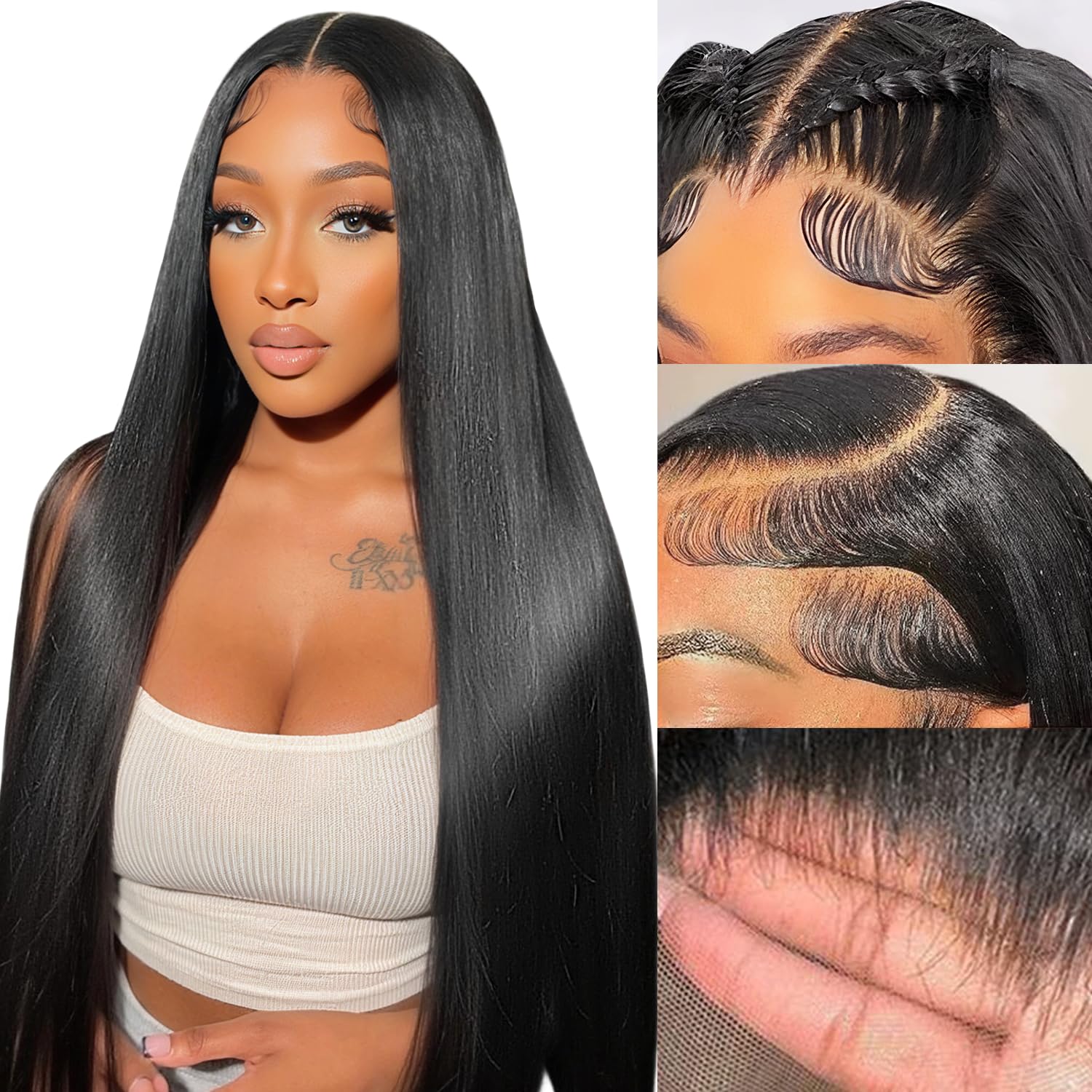 32 Inch Straight Wigs Human Hair 13x6 Lace Front Wigs Human Hair Pre Plucked 200 Density HD Transparent Straight Lace Frontal Wigs for Women Glueless Wigs Human Hair Natural Color