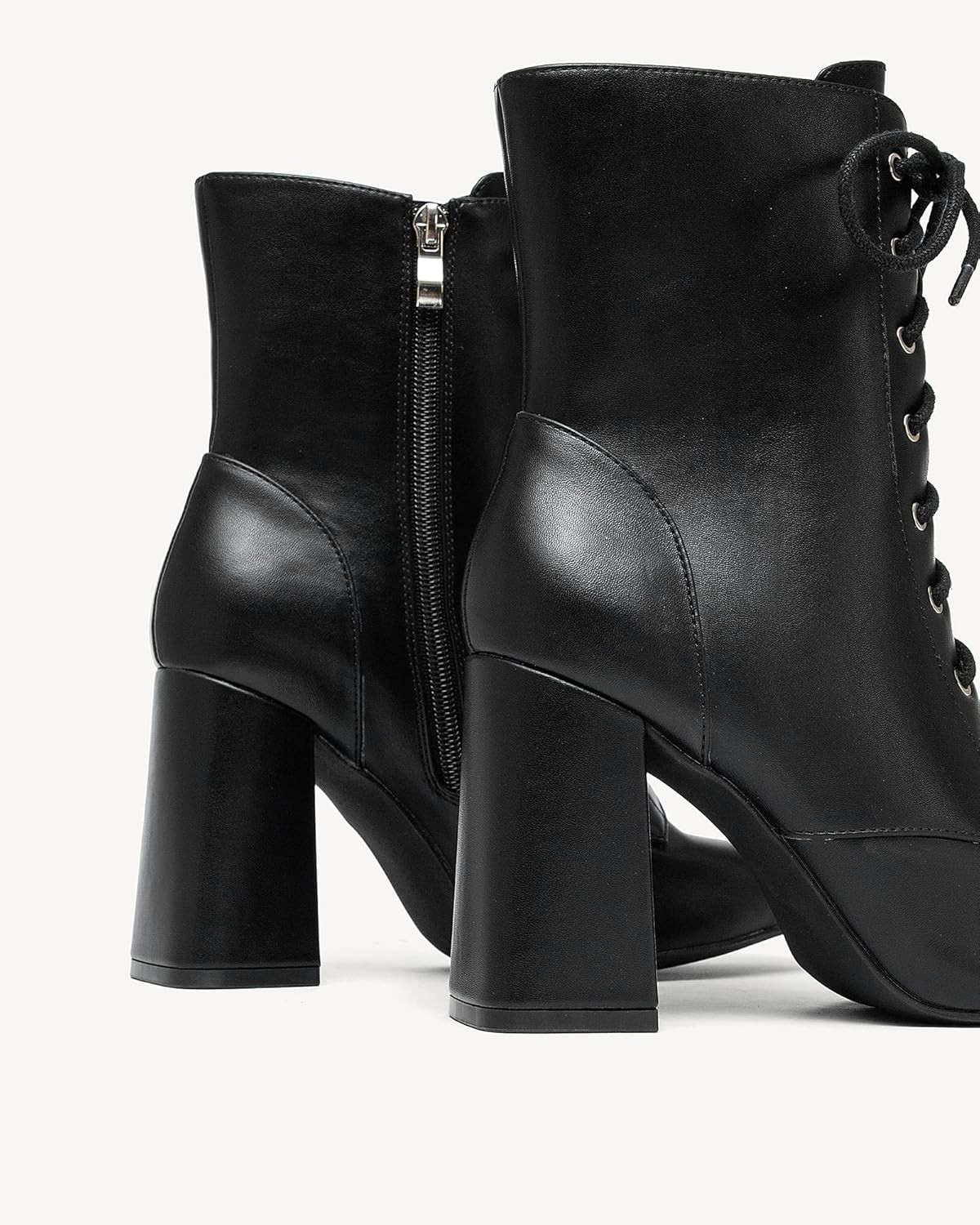 NEWBELLA Women's Square Toe Ankle Boots - Lace-Up Block Heel Booties with Side Zip, Minimalist Casual Faux Leather Boots for Daily Wear