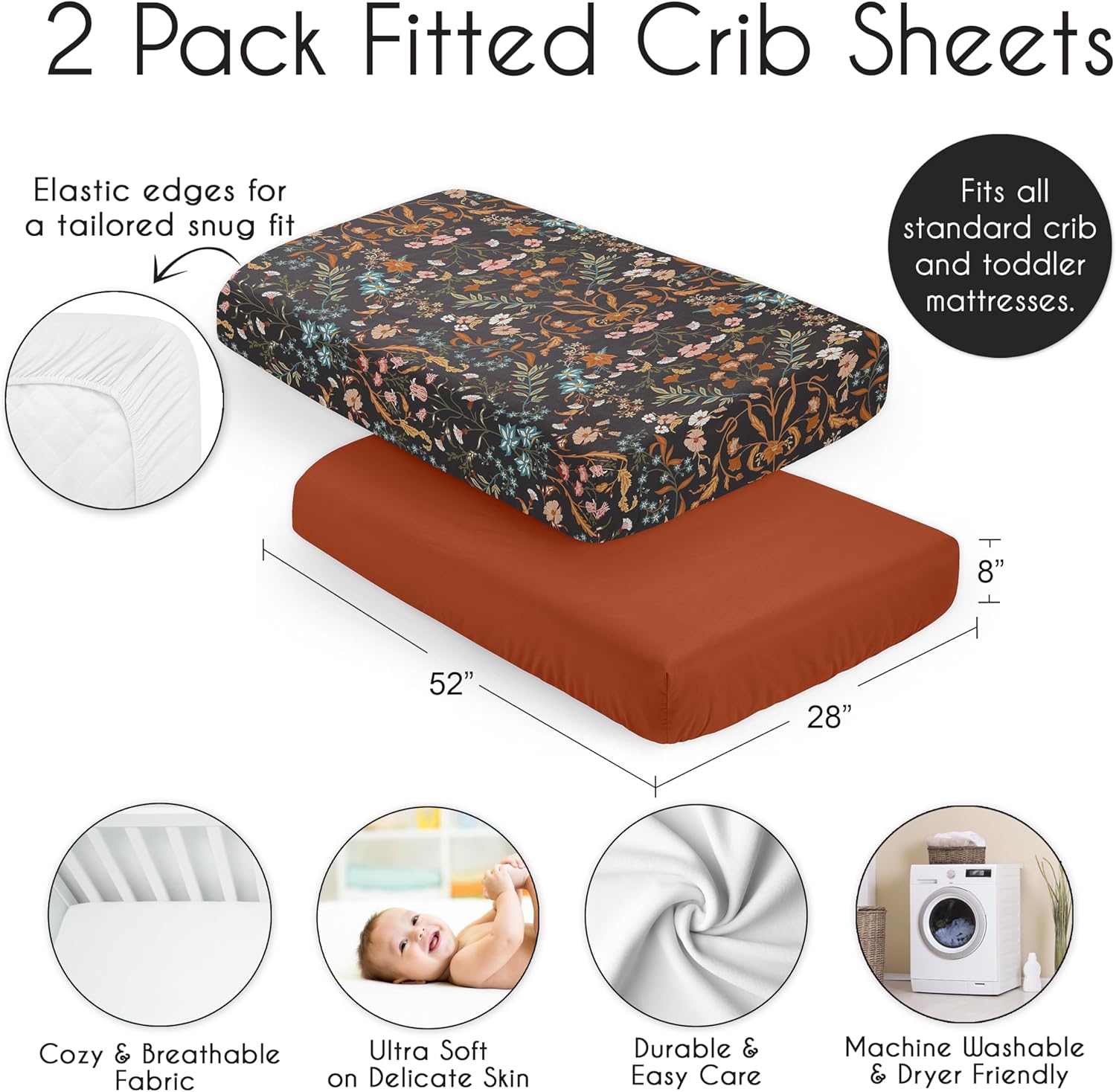 Sweet Jojo Designs 2-Piece Baby Crib Sheets Set (Black Wildflower Vintage Floral) for Girls, Infant Nursery, Toddler Room - Standard Size (Boho, Paisley, Bohemian, Cottagecore, Farmhouse, Garden)