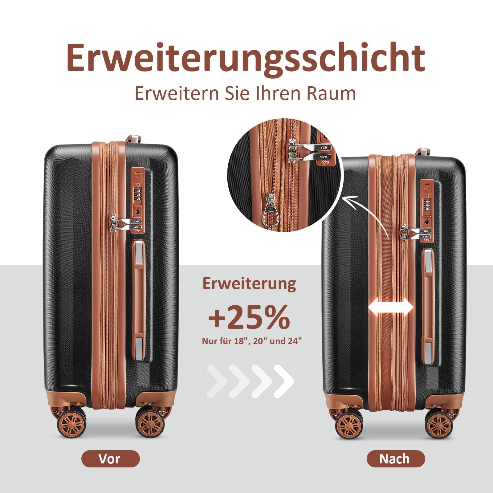 Joyway Set valigie da viaggio 6 pzs, Set di Valigie Rigide 6 Pezzi Espandibile, Valigia bagaglio a mano con porta USB e portabicchieri, Nero Marrone