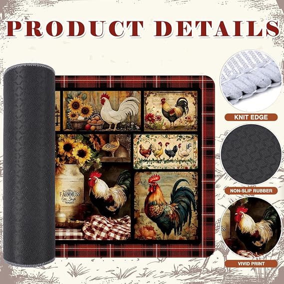 Farmhouse Kitchen Rugs Sets of 2, Farm Rooster Sunflower Kitchen Runner Rugs Non Skid, Washable Kitchen Mat for Sink Floor, Home Kitchen Decorations - 15.7 x 27.5 and 15.7 x47 Inch