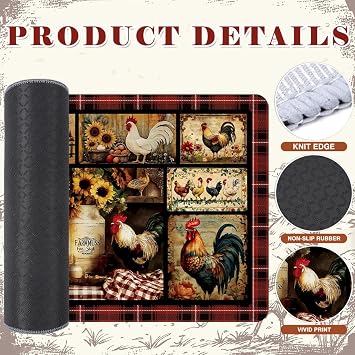 Farmhouse Kitchen Rugs Sets of 2, Farm Rooster Sunflower Kitchen Runner Rugs Non Skid, Washable Kitchen Mat for Sink Floor, Home Kitchen Decorations - 15.7 x 27.5 and 15.7 x47 Inch