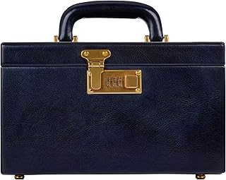 Time Resistance Marineblau Leder-Schmuckkästchen Vollnarbenleder Schmuck Organizer Aufbewahrung von Accessoires Schließfach mit Schlüssel