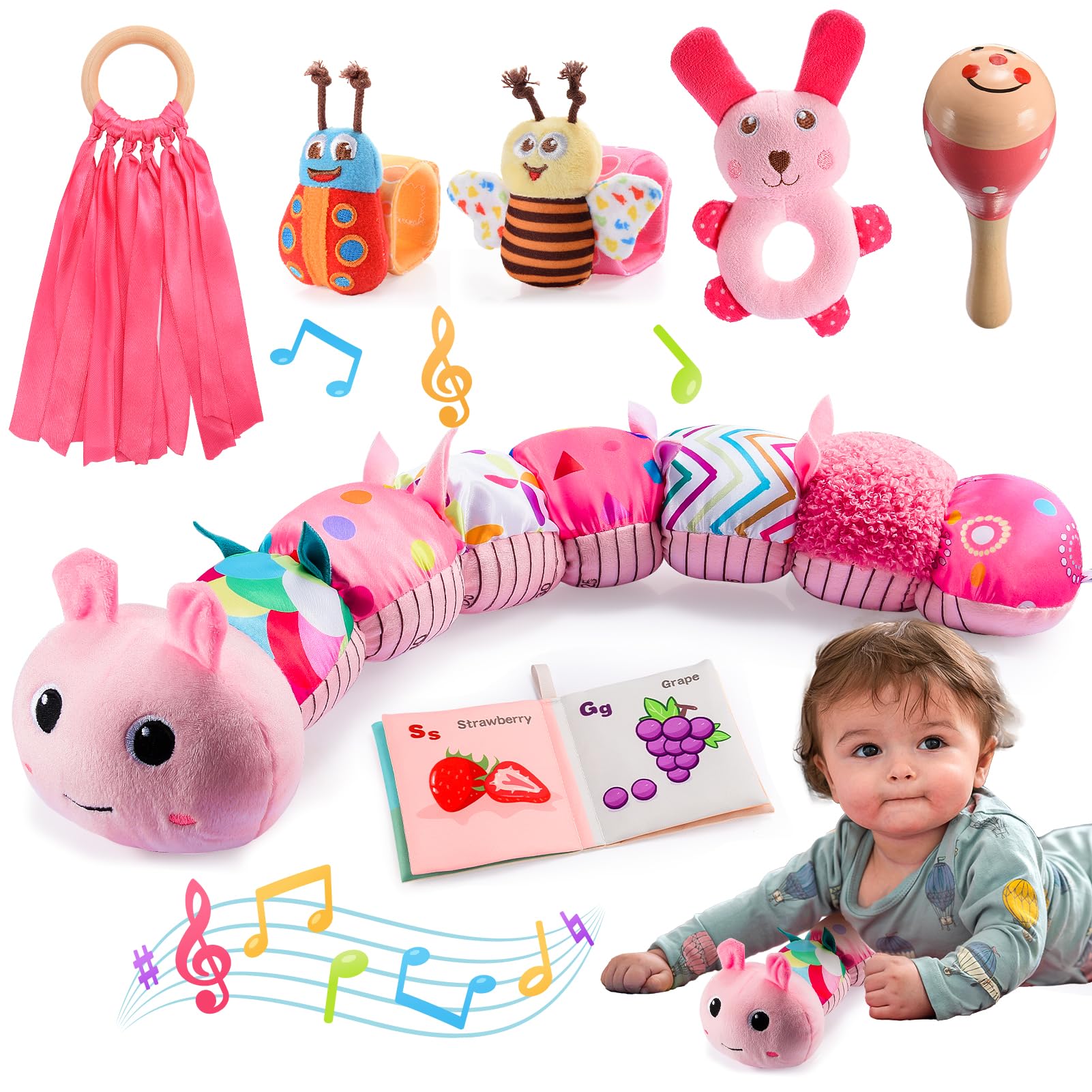 Sensory Toy 0 3 6 12 Months,Plush Musical Set Toys Babies 0-12 Months,Ragazze Gifts for Baby 0-6 Months Montessori Toy 3-12 Months Gift for Newborn 3-6 Months (Pink)