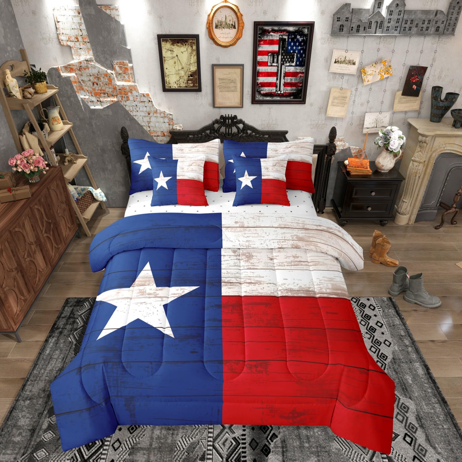 Western Texas Star 7 Piece Comforter Set Full Bed in a Bag | Vintage American Flag Bedding Sets Cowboys Gifts White Red and Blue Comforter and Sheet Set,Grunge United States Flag Farmhouse Bed Sets