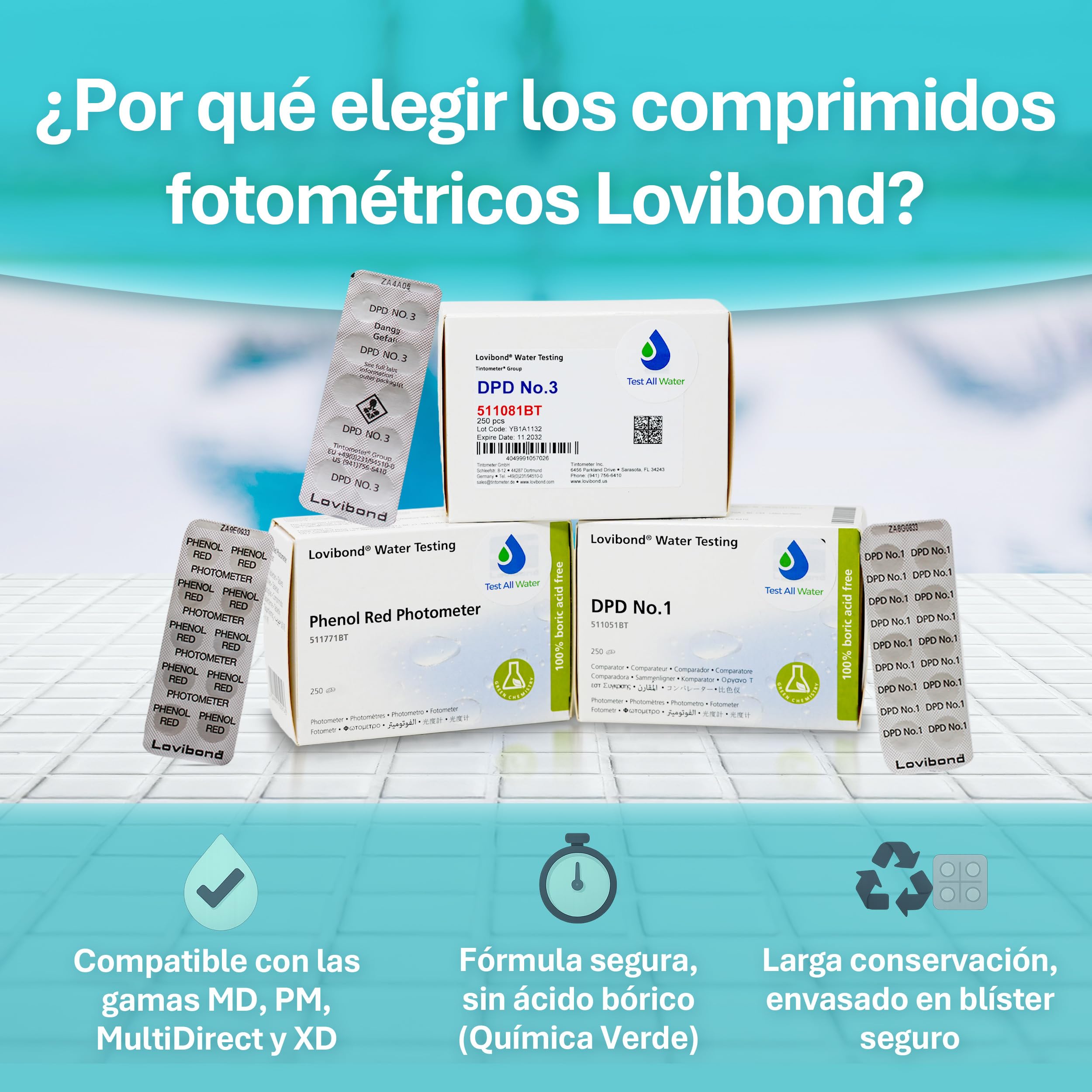 Lovibond DPD No.1, DPD No.3 y pH 250 comprimidos