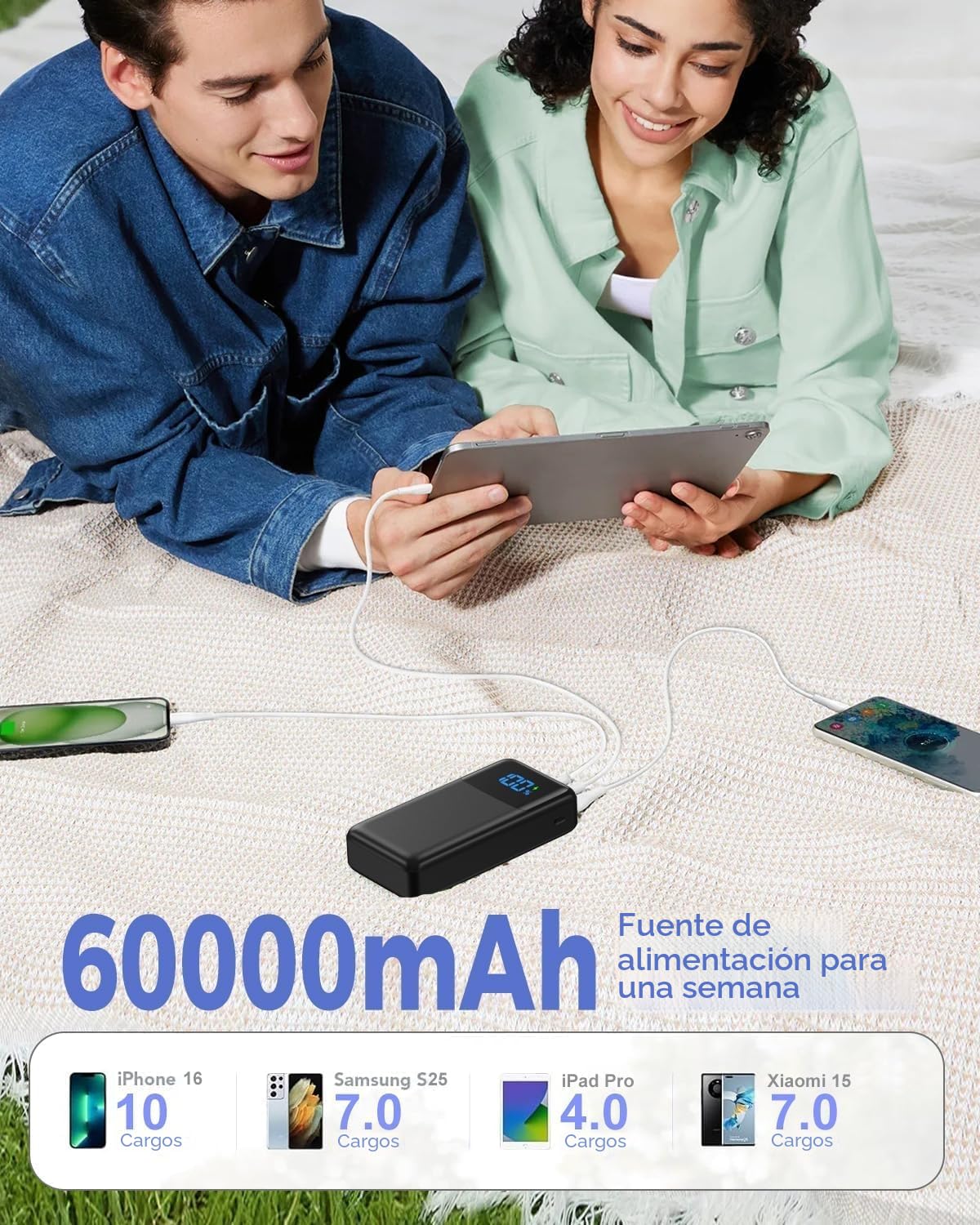 Powerbank 60000 mAh de Gran Capacidad, 22,5 W Carga rápida, USB-C 4 Salidas, Batería Externa Pantalla LED, Batería Externa Compatible con iPhone Tabletas Android, etc