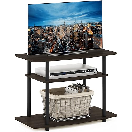 Furinno Turn-N-Tube No Tools 3-Tier Entertainment Center TV Stand for TV up to 32 Inch, Plastic Round Tubes, Dark Brown/Black