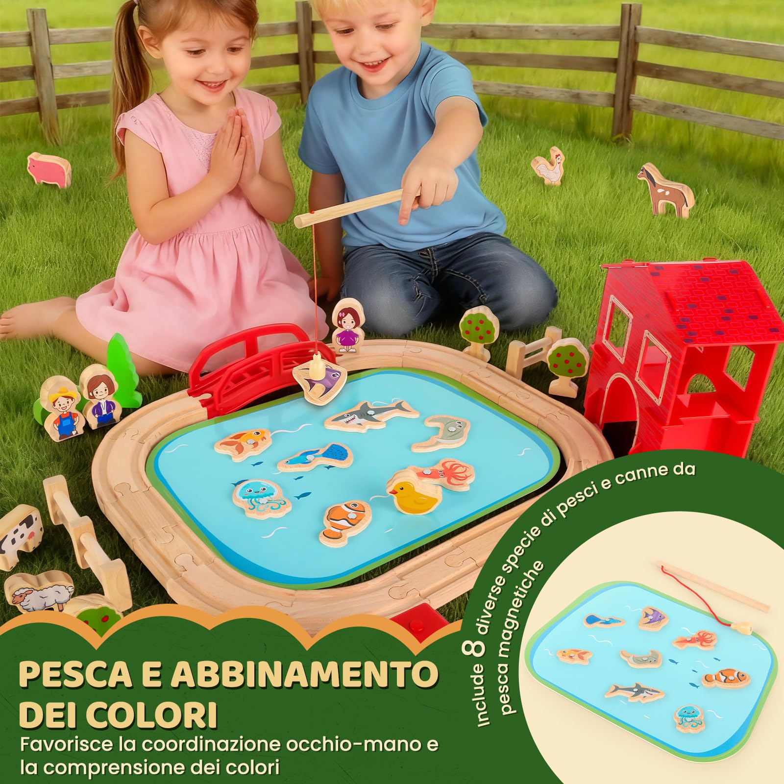 Set di Trenino Legno Bambini, 100 Pezzi pista Macchinine Legno Tema Della Fattoria Pista con Trenino, Laghetto, Fattoria e Piccoli Animali per Bambini dai 4 5 6 7 8 Anni