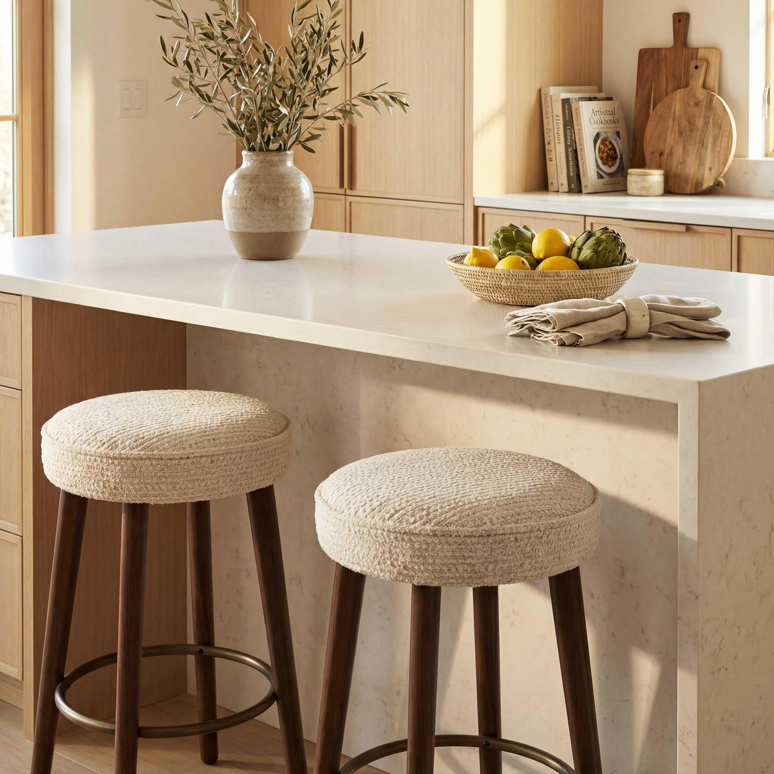 Set of 2 Chenille Bar Stools, 68cm Counter Height Upholstered Kitchen Bar Chairs with Solid Wood Legs, Modern Kitchen Island Stools for Breakfast Counter, Dining Room, Home Bar, Beige — view 9