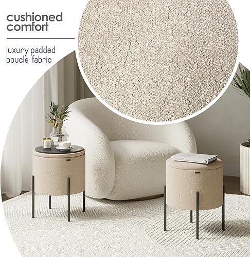 Miniatura 9 de Otomana redonda StorageBud con almacenamiento, otomana de almacenamiento de bouclé, taburete otomano para pies, taburete de tocador de maquillaje,