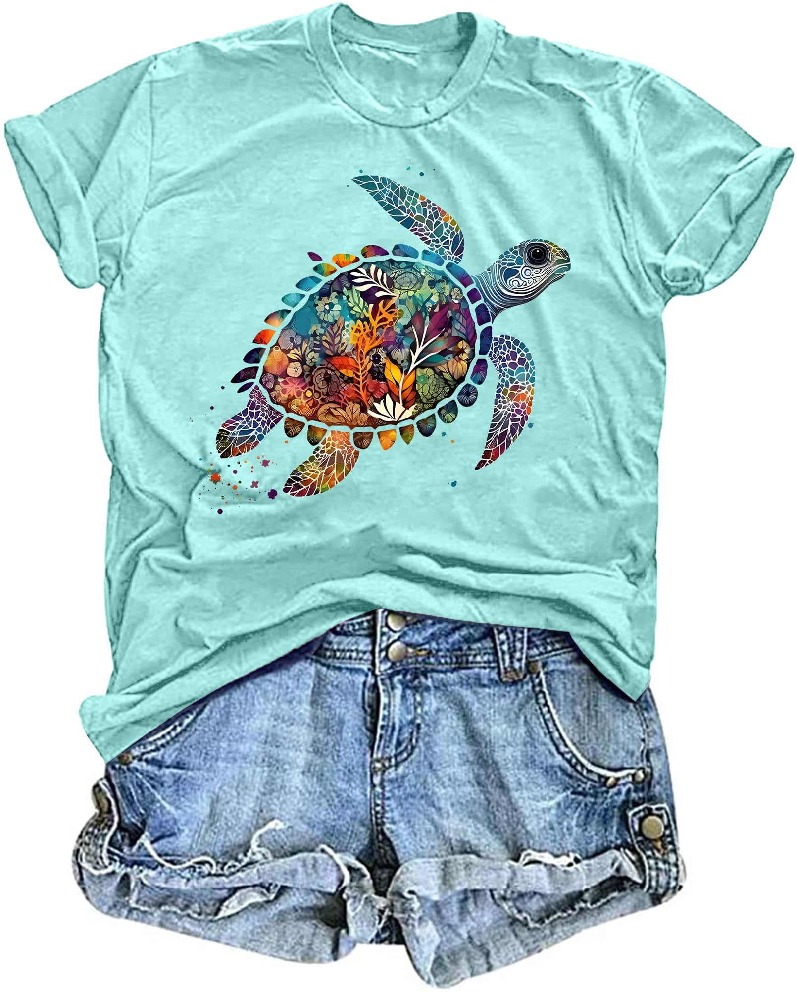Sea Turtle Shirt for Women: Funny Animal Print Tee Ocean Life T Shirt Hawaiian Vacation Summer Tops