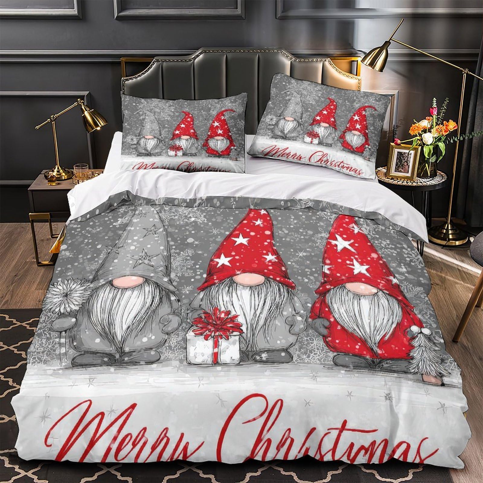 Parure de couette Noël gnomes 3D en microfibre 200x200 cm avec 2 taies d'oreiller pour lit double