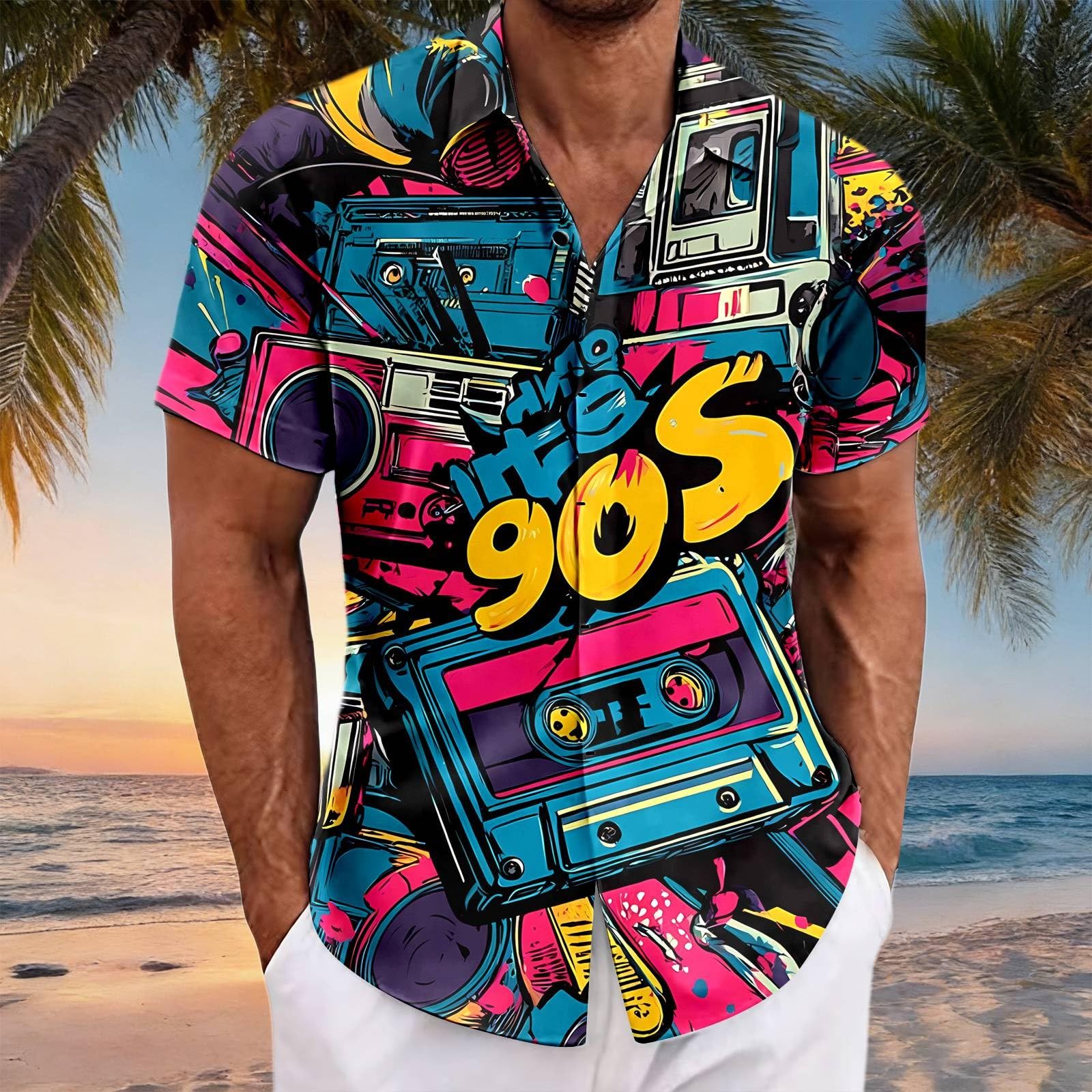 Hawaiihemd Herren Vintage 80er 90er Jahre Hemd LäSsiges Kurzarm Bunt Retro Hemden Männer Disco Party Outfit Neon Geometrisch Bad Taste Bluse Oberteile Regular Fit Faschingskostüm
