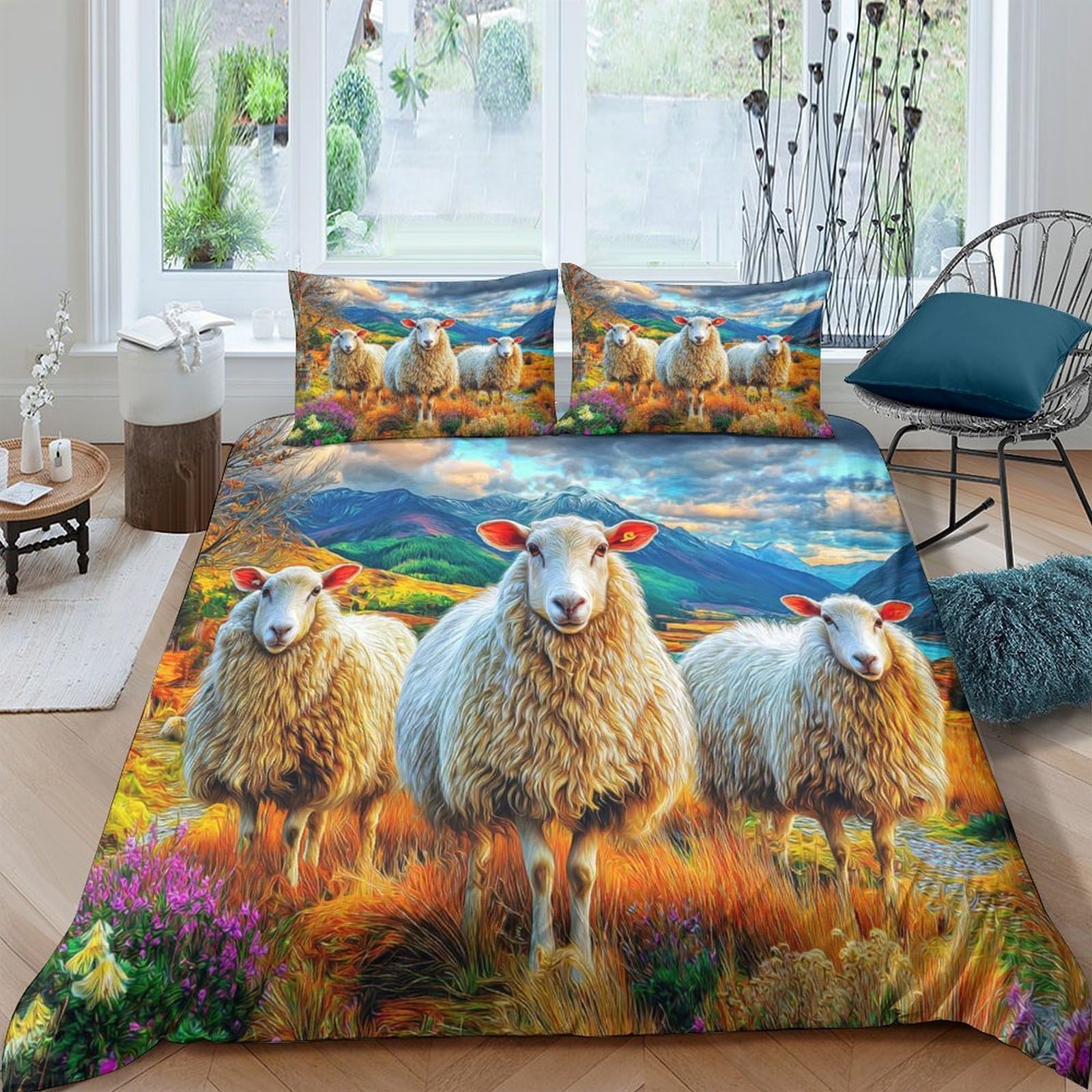 Parure de lit mouton avec housse de couette fermeture éclair pour lit super king