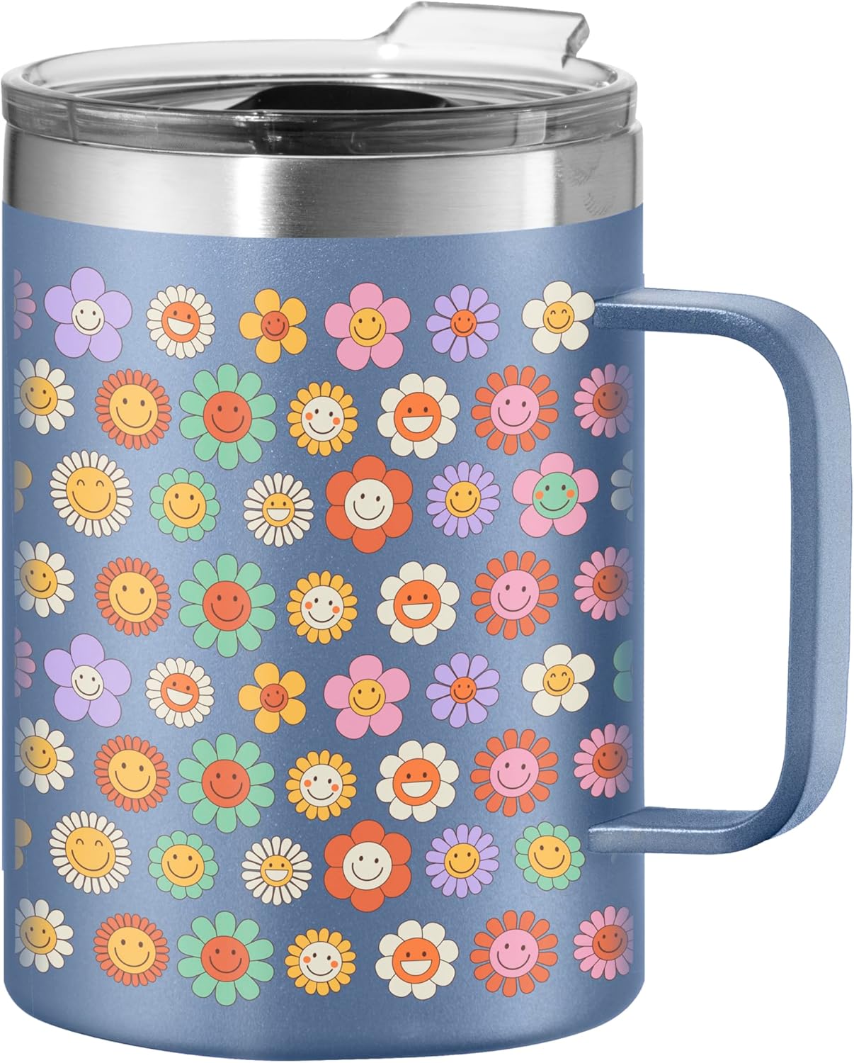 Oggi ThermoMug Stainless Steel Insulated Mug- Double Wall Vacuum Insulated w/Handle & Lid, Coffee Cup, Camping Mug, Travel Thermos, 14oz(420ml), Happy Flowers