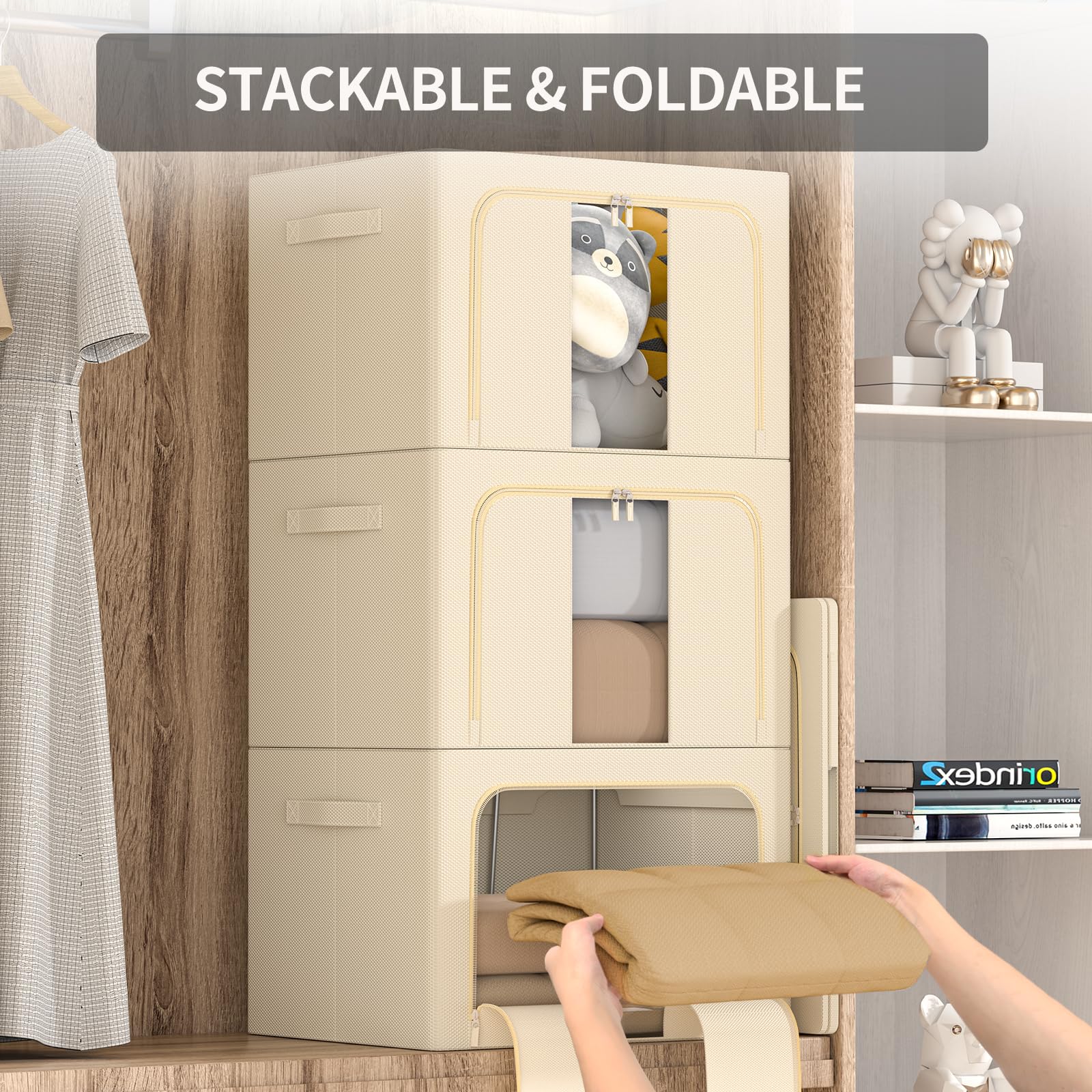 GoMaihe Scatole per Armadio Rigide 3 pezzi 198L: Contenitori per Armadio Cerniera - Piumone, Lenzuola Organizzatore Armadio - Scatole per Vestit (Beige, 66L)