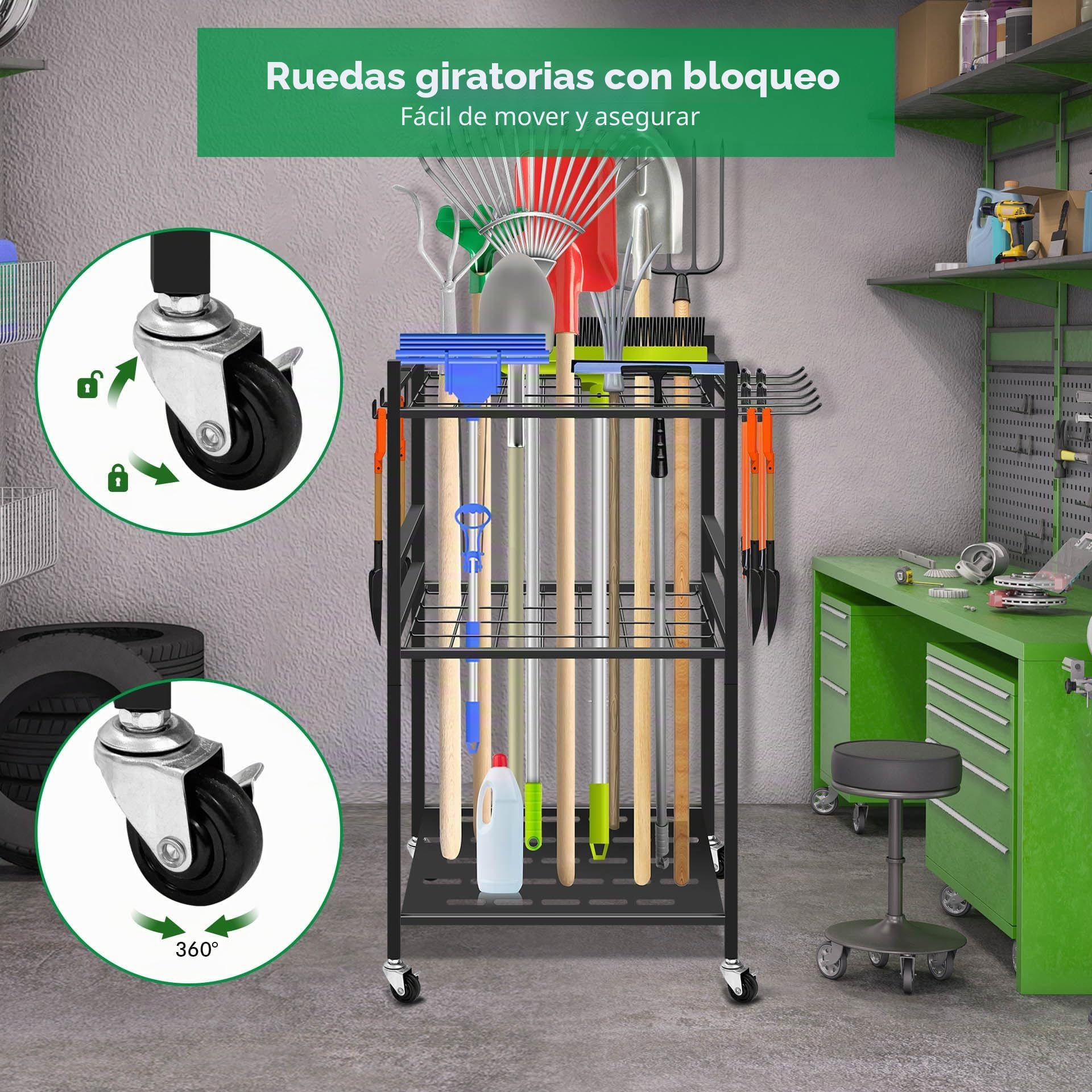 Mimoke Estante para herramientas de jardín con ganchos móviles y ruedas con cerradura: fácil almacenamiento de accesorios para herramientas en jardín, garajes y mucho más gracias a las ruedas