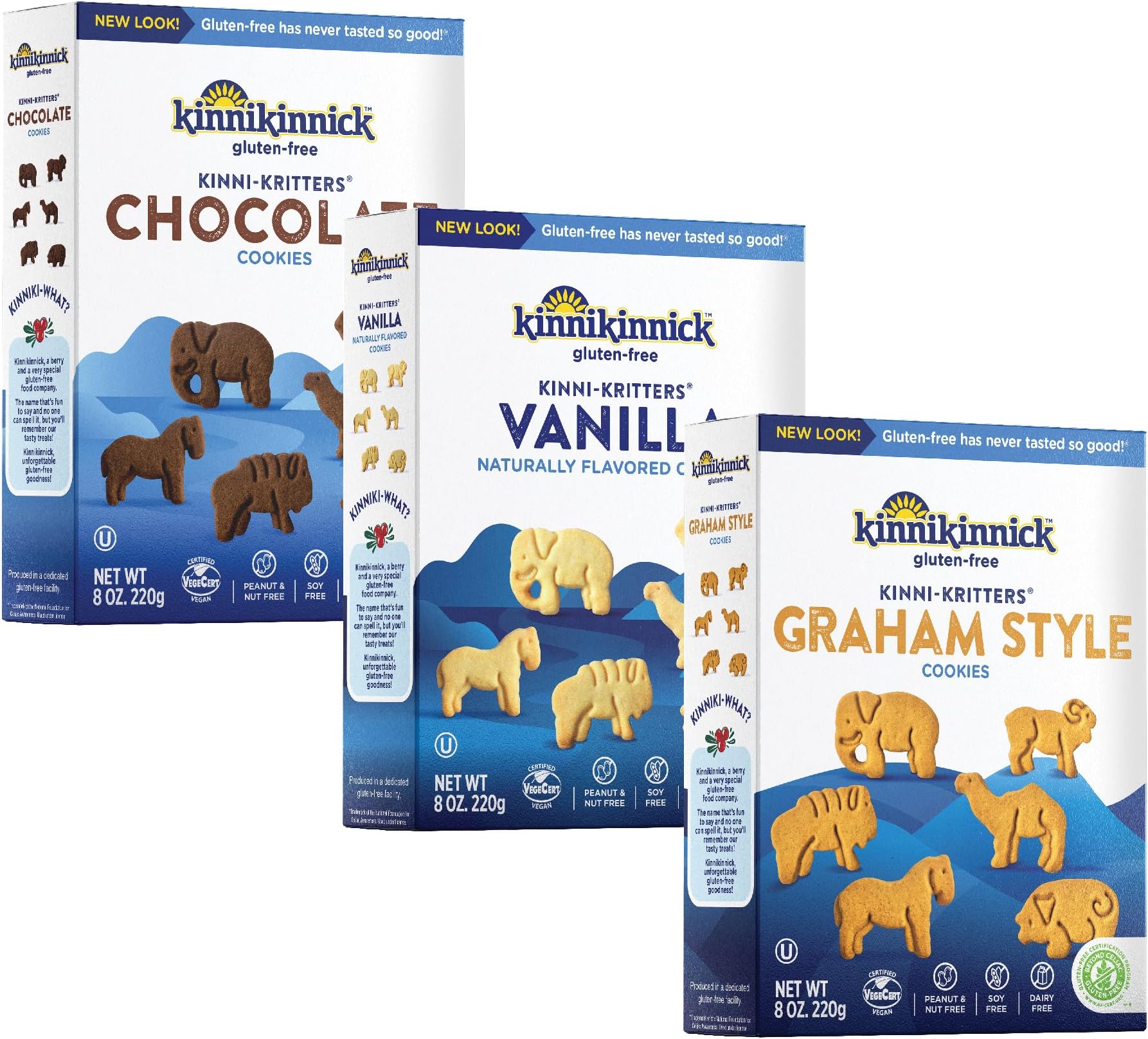 Gluten Free KinniKritters Animal Cookie Variety Pack, 8 oz Box (Pack of 3), Vanilla, Chocolate, and Graham Style, Allergy Friendly, Vegan, Kosher