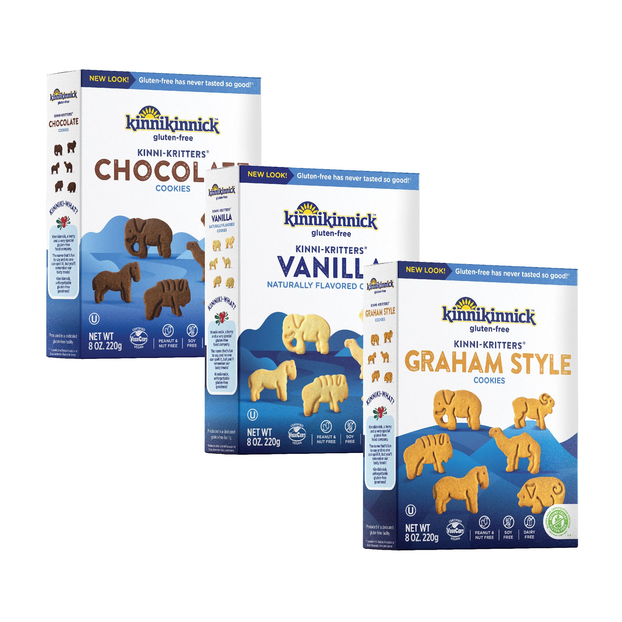 KinniKritters Animal Cookie Variety Pack - Vanilla, Chocolate, and Graham Style - Gluten Free, Allergy Friendly Vegan Animal Crackers - 8 oz. Boxes - 3 Pack, 1 of Each