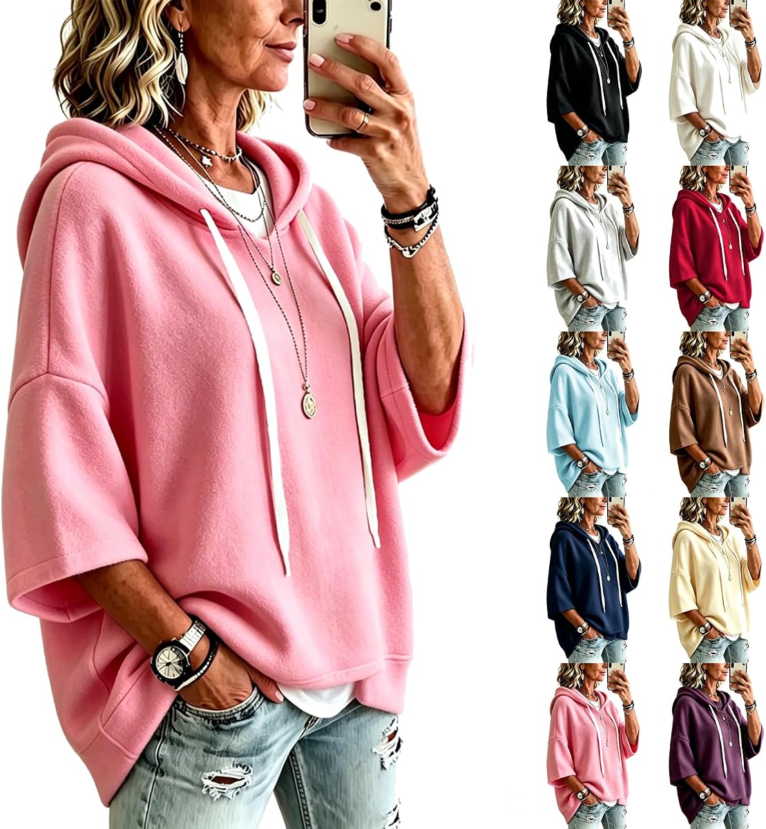 Sudaderas de gran tamaño para mujer - 2026 Otoño Invierno Trajes Casual Manga 3/4 Cuello en V Confort Sudadera con capucha Polar Jersey