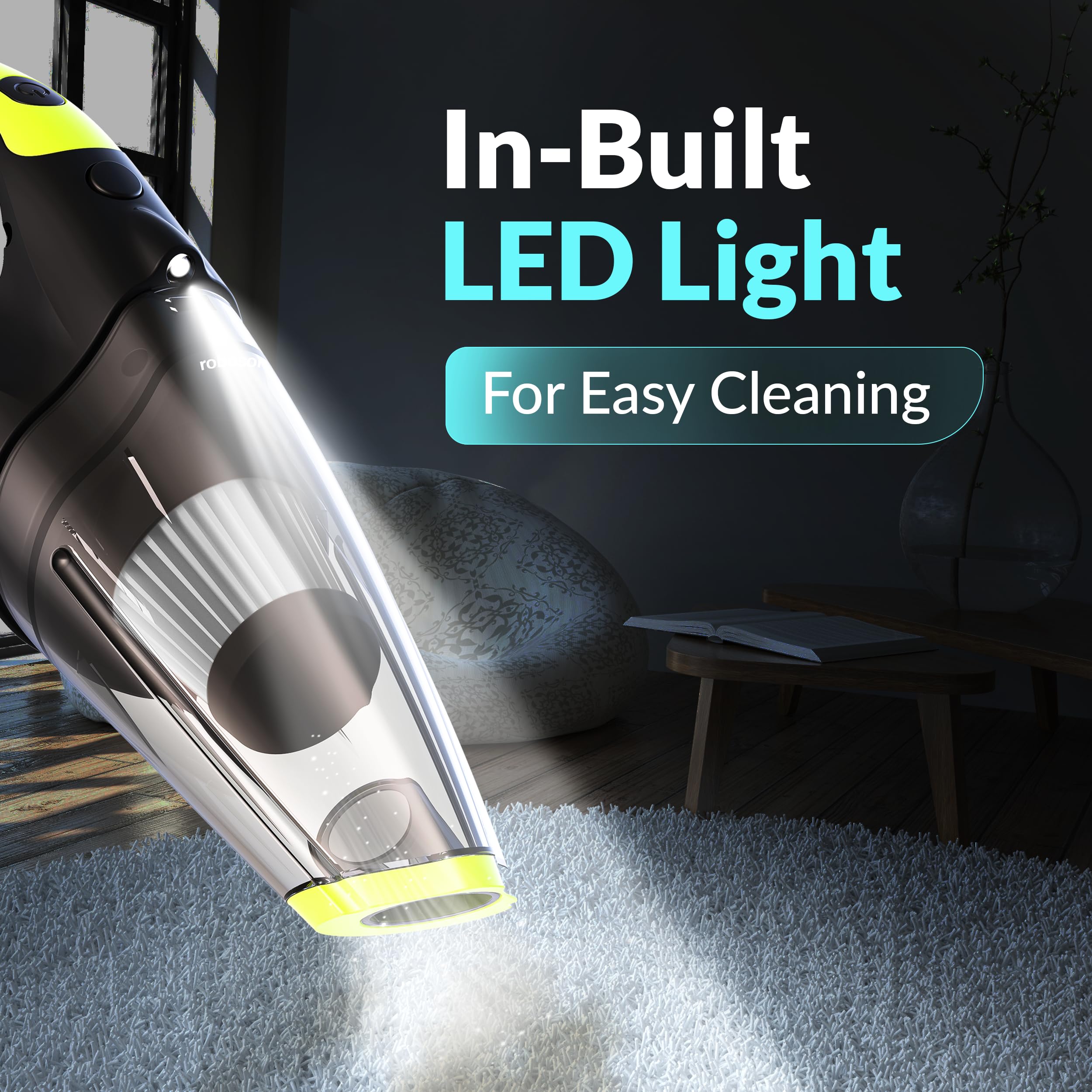 Roboson VC201 Handheld Cordless Vacuum Cleaner for Home and Car Powerful 6 kPa Suction for Dust & Pet Hair Removal, Rechargeable Wireless Wet/Dry for Bed and Sofa with LED Light 4