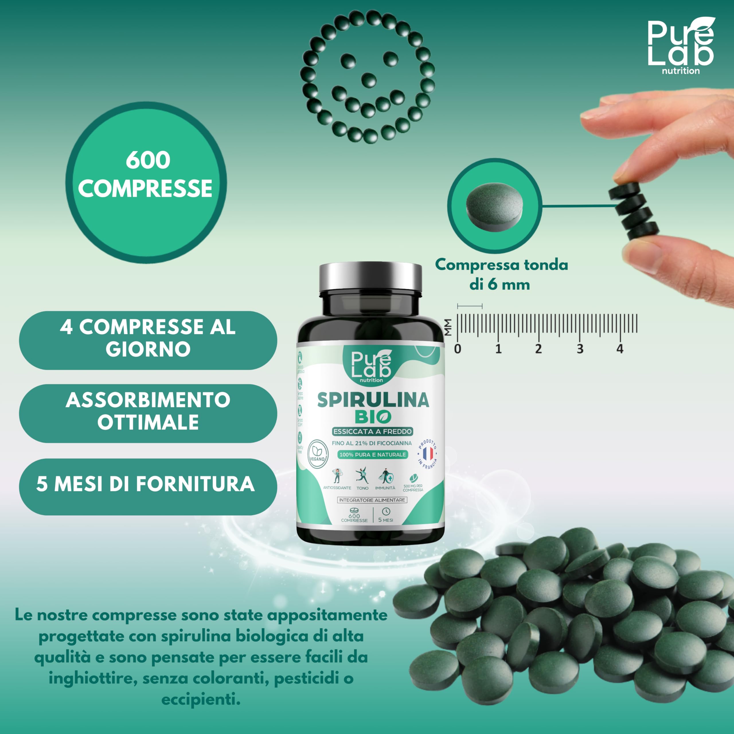 Spirulina Bio - 600 Compresse Vegan, Scorta di 5 Mesi - 21% Ficocianina, 66% Proteine - Essiccata a Freddo - Antiossidante, Energia, Immunità - Senza Eccipienti né Additivi - Prodotto in Francia